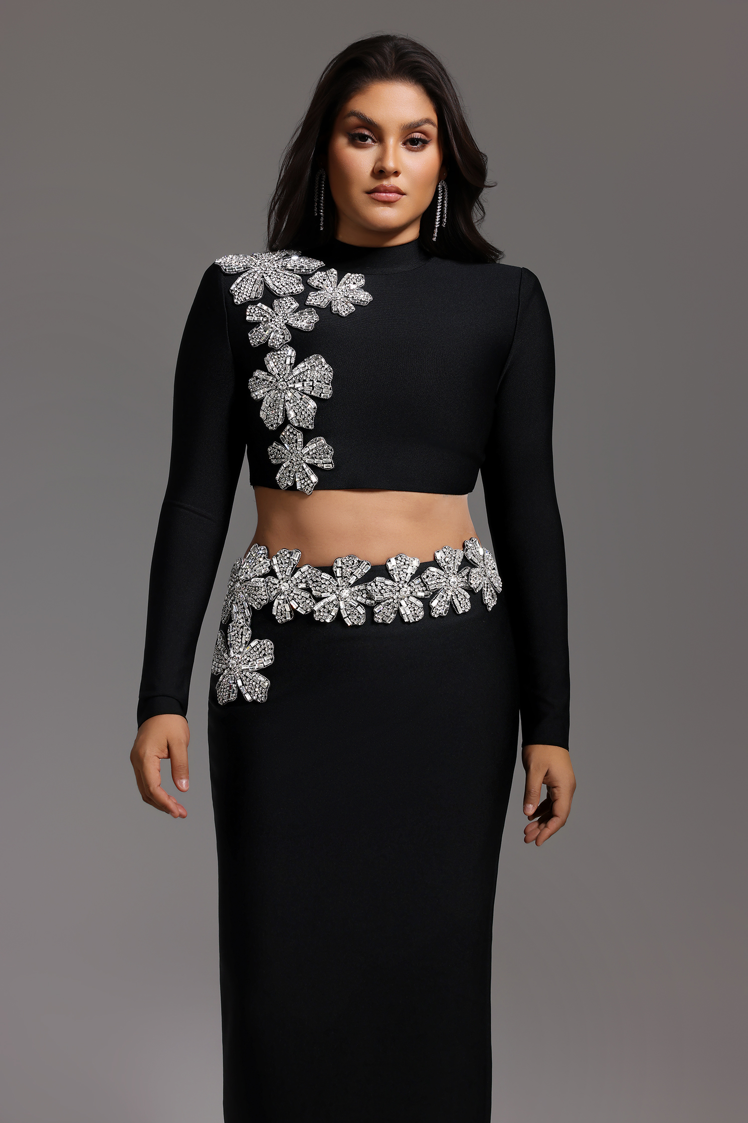 Ulama Choker Long Sleeve Diamond Flowers Bandage Maxi Two-Piece Set