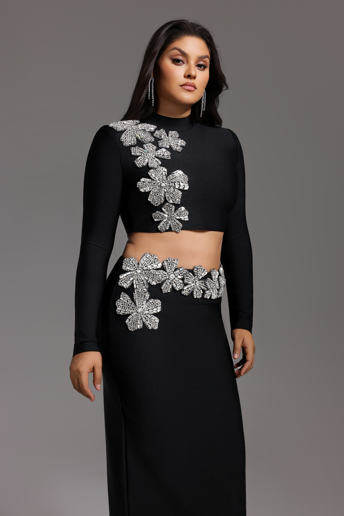 Ulama Choker Long Sleeve Diamond Flowers Bandage Maxi Two-Piece Set