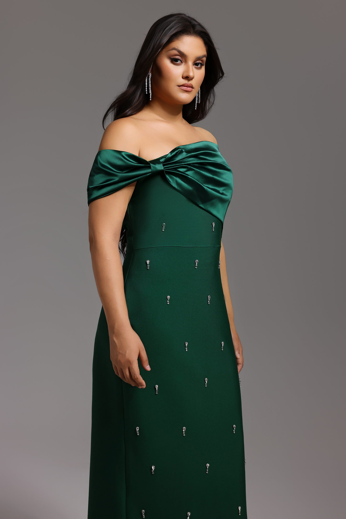 Palez Sleeveless One Shoulder Diamond Bow Bandage Maxi Dress