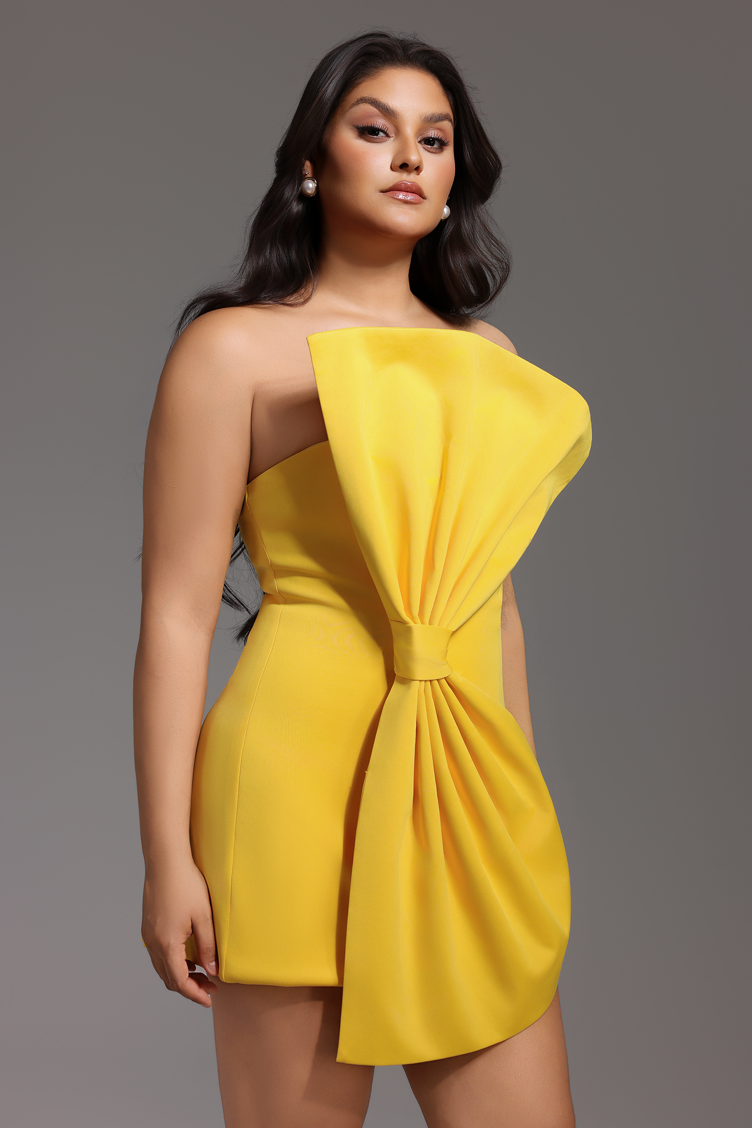 Majrela Bowknot Strapless Mini Dress - Yellow
