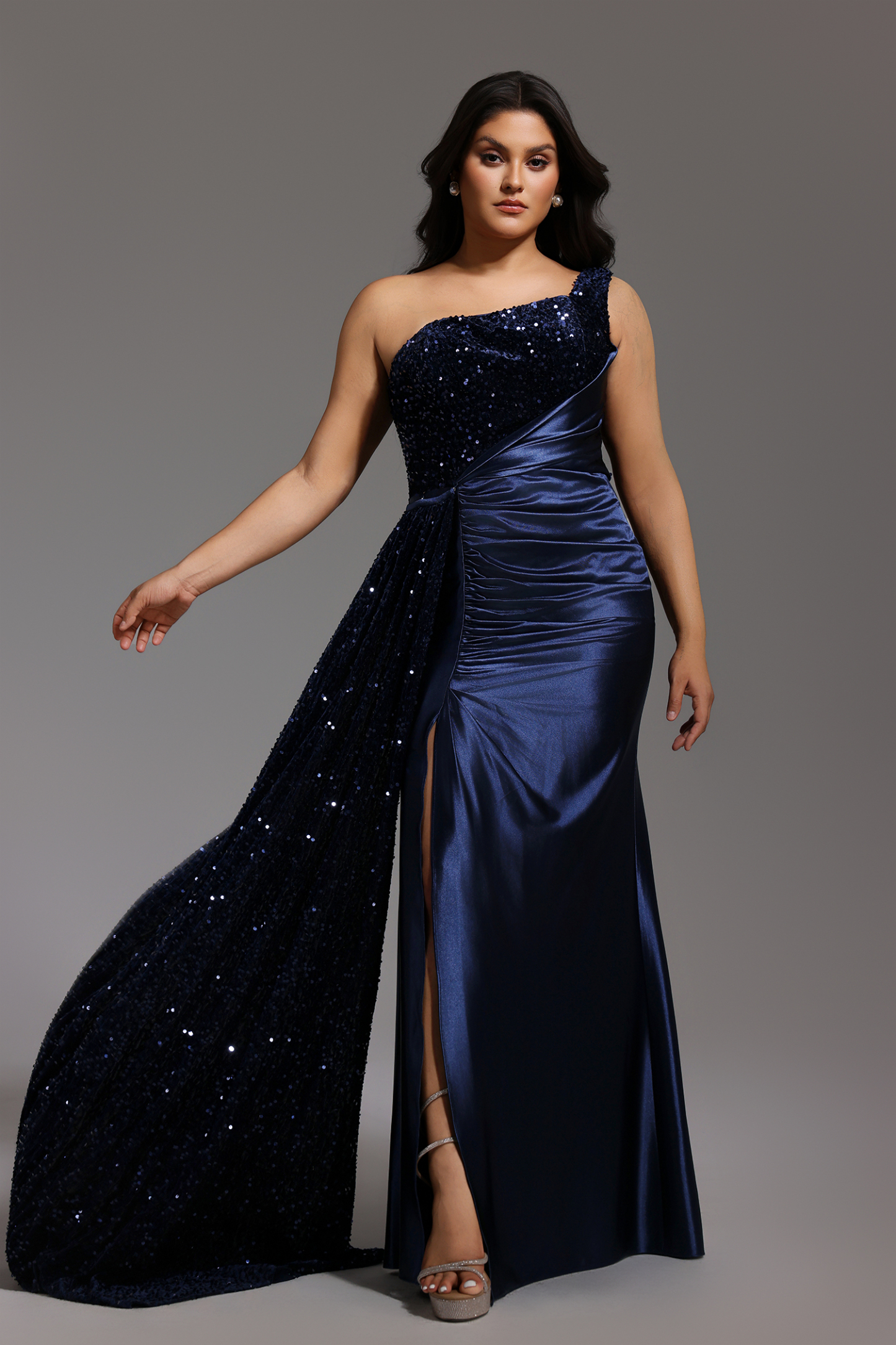 Kerla One Shoulder Sleeveless High Slit Velvet Sequin Maxi Dress