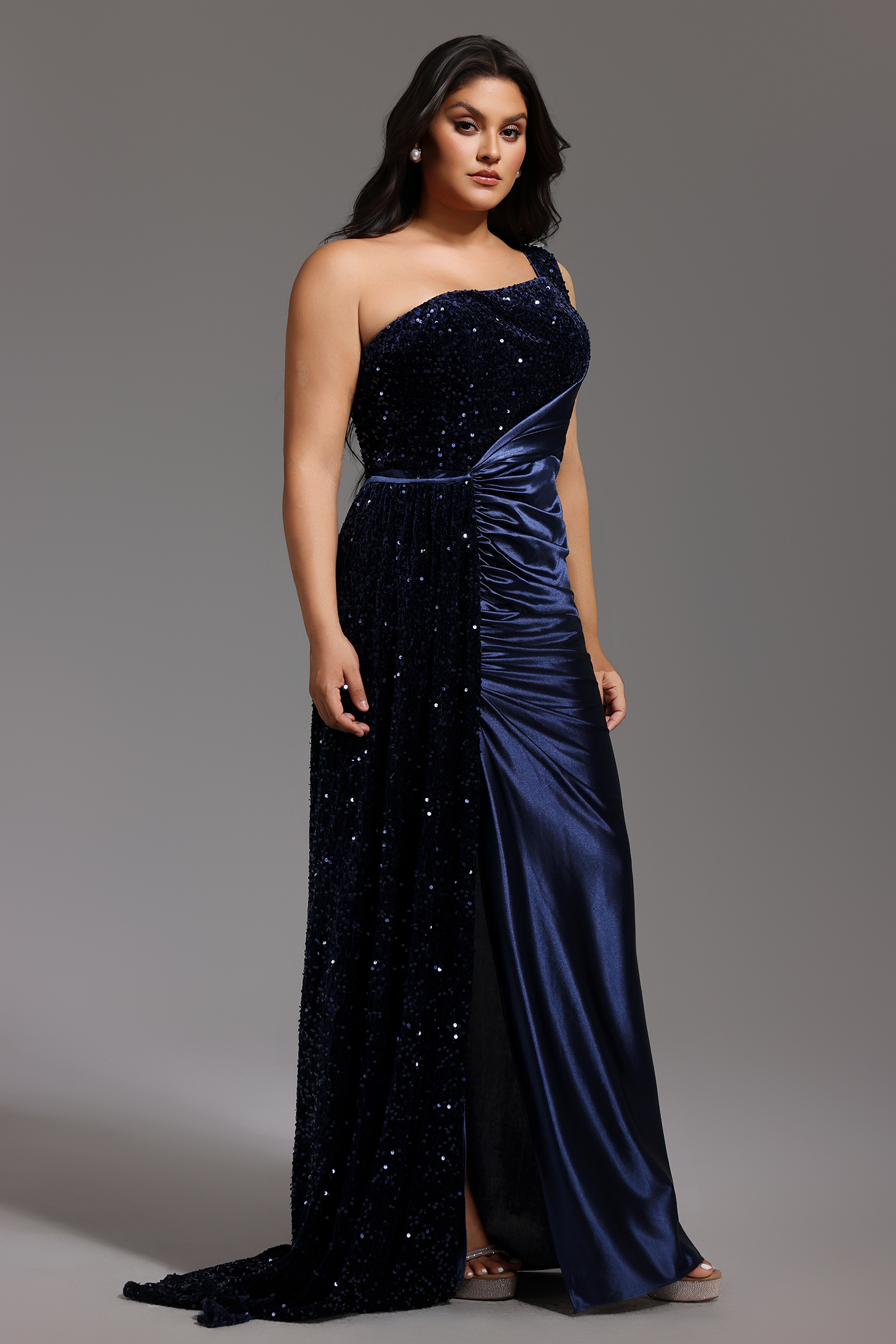 Kerla One Shoulder Sleeveless High Slit Velvet Sequin Maxi Dress