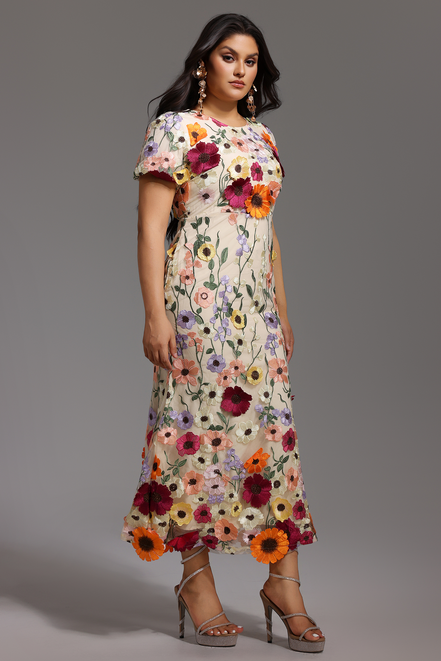 Naya Short Sleeve Round Neck Flowers Fishtail Midi Dress