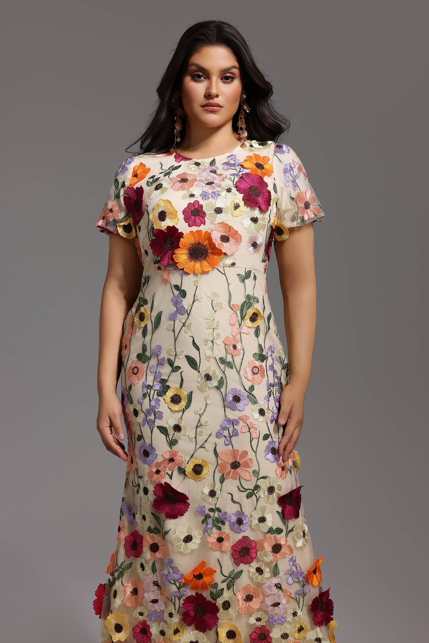 Naya Short Sleeve Round Neck Flowers Fishtail Midi Dress