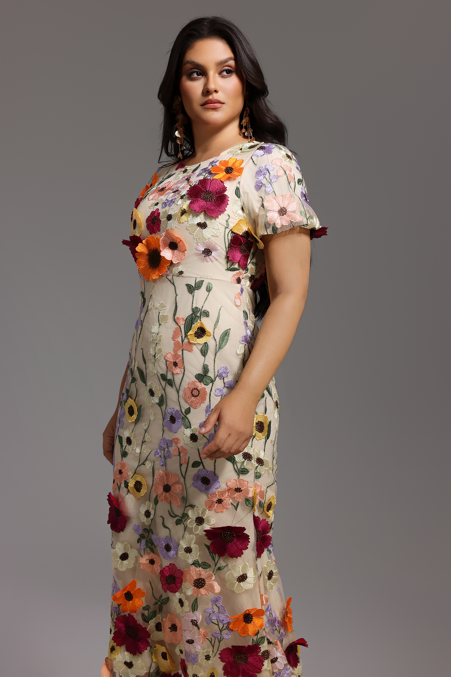 Naya Short Sleeve Round Neck Flowers Fishtail Midi Dress