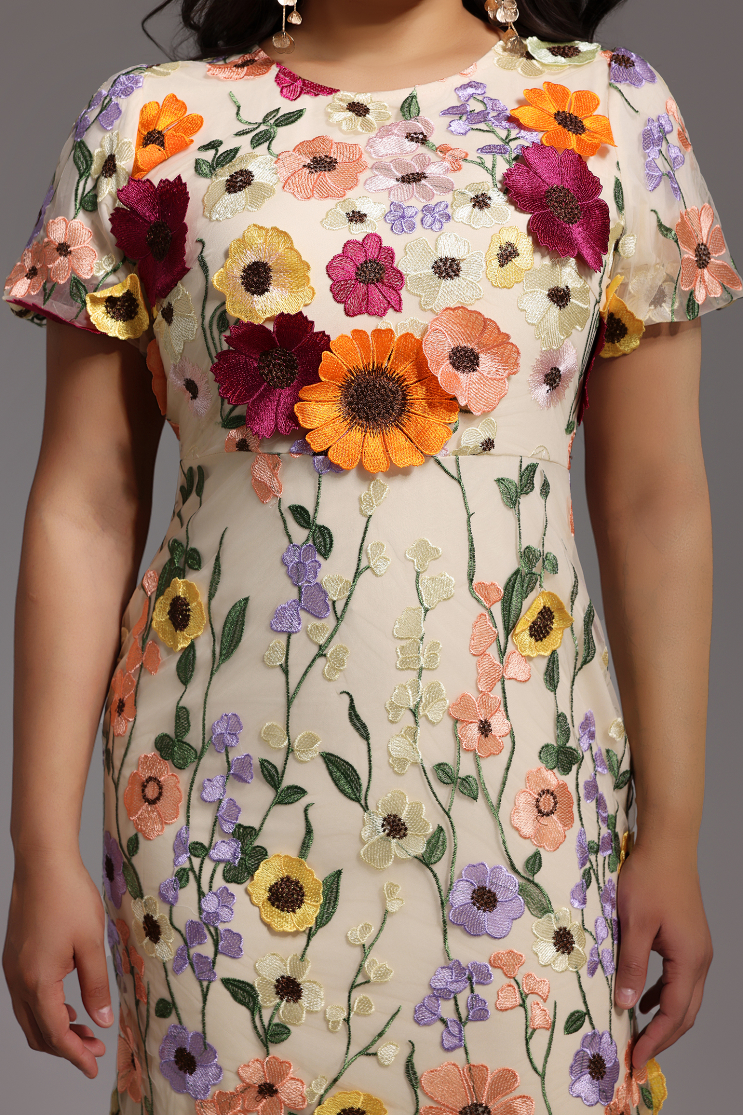 Naya Short Sleeve Round Neck Flowers Fishtail Midi Dress