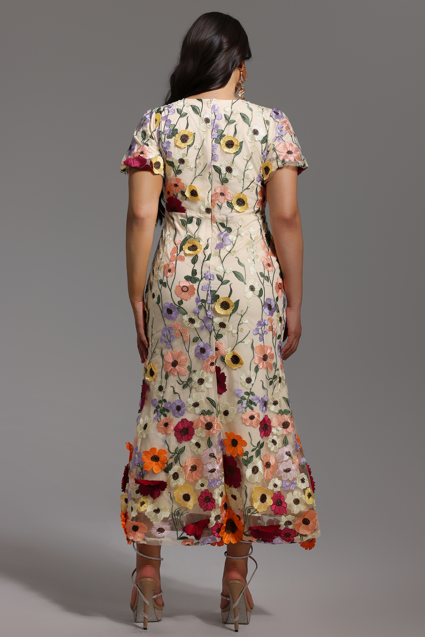 Naya Short Sleeve Round Neck Flowers Fishtail Midi Dress