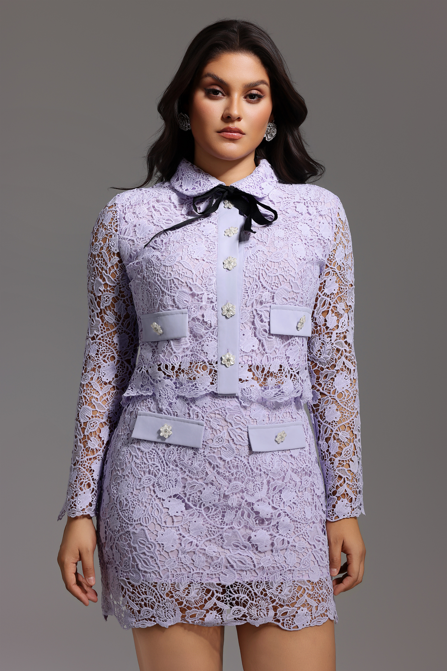Estrela Long Sleeves Hollow Lace Two-Piece Set