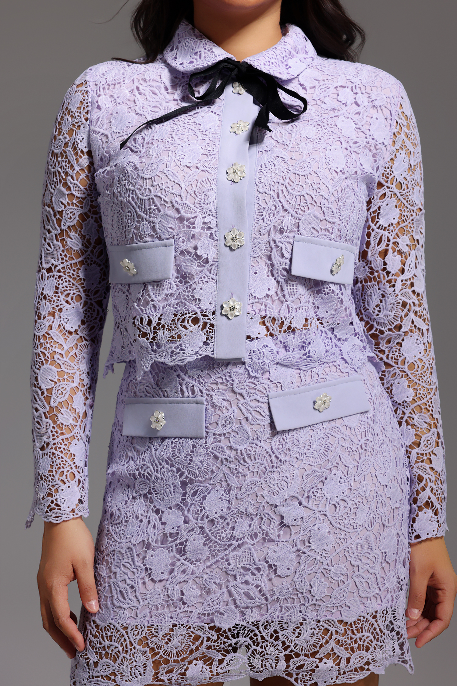 Estrela Long Sleeves Hollow Lace Two-Piece Set