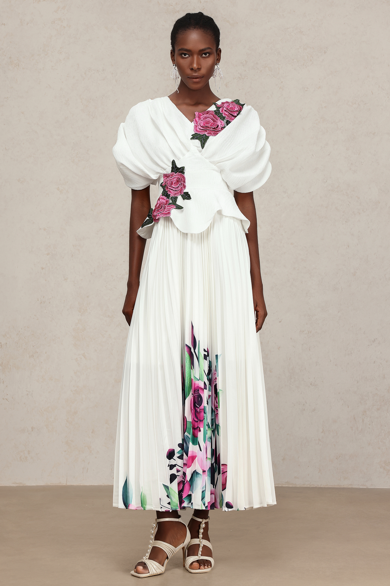 Eudora V-Neck Folds Flowers Top And Skirt Two-Piece Set
