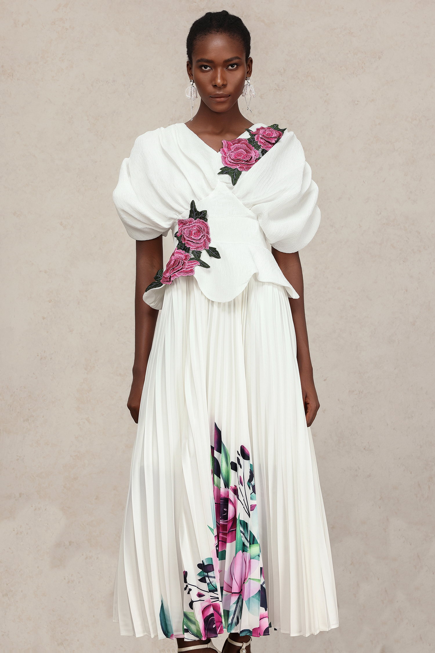 Eudora V-Neck Folds Flowers Top And Skirt Two-Piece Set