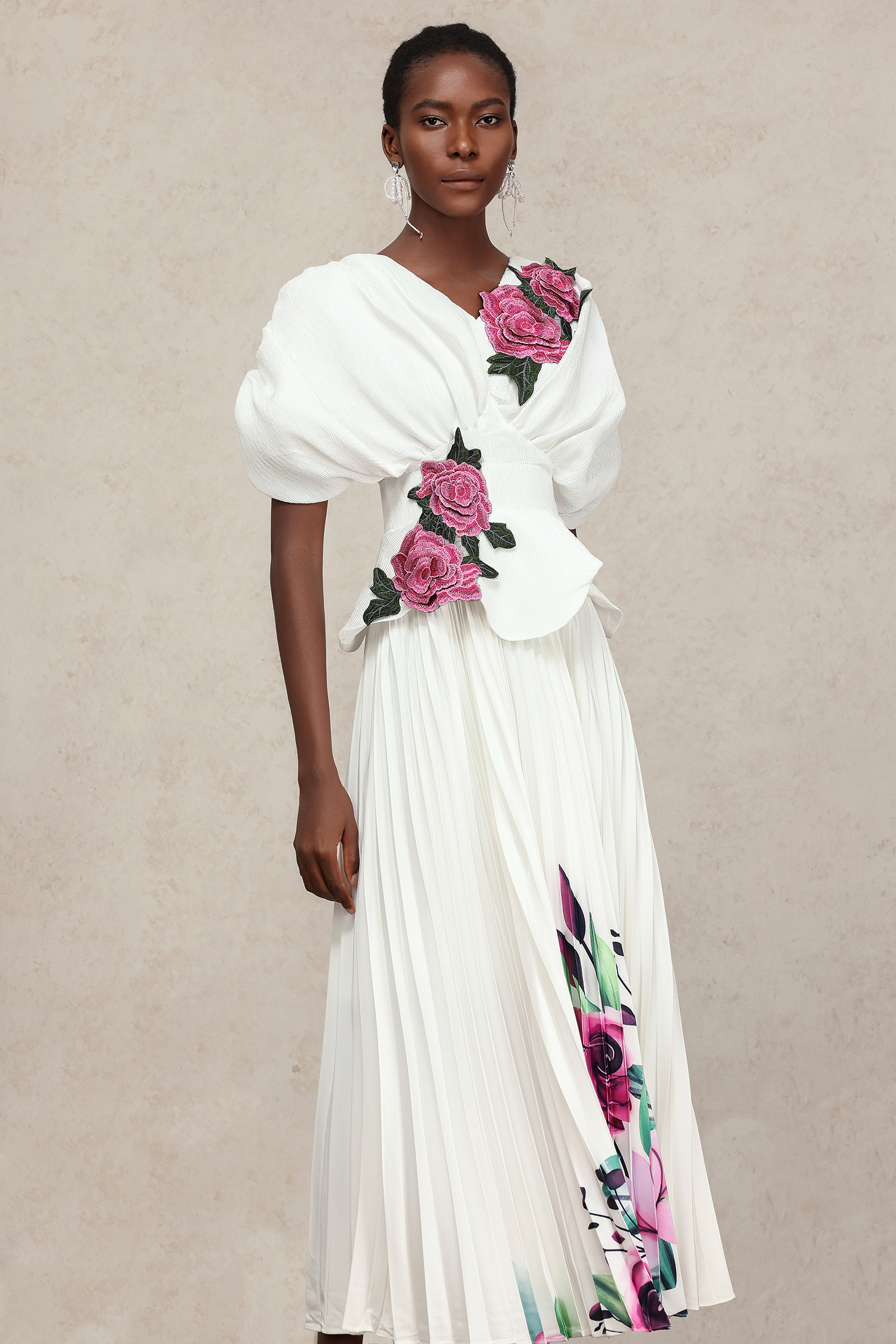 Eudora V-Neck Folds Flowers Top And Skirt Two-Piece Set