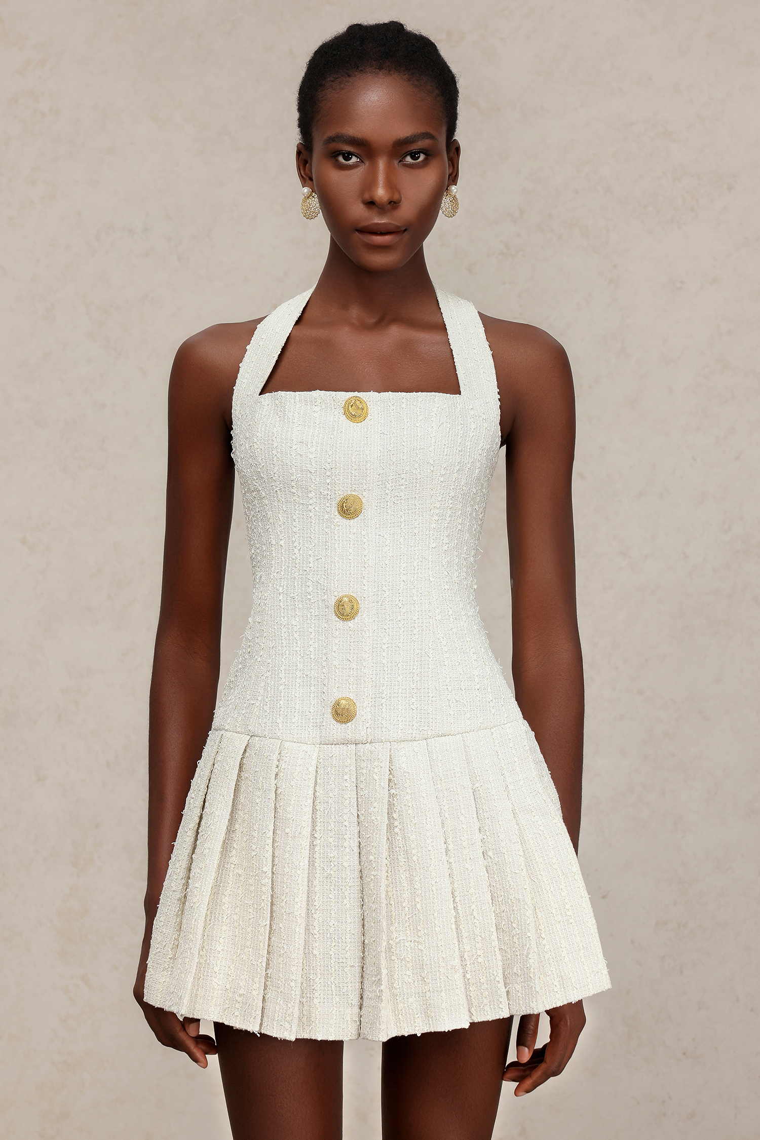 Maka Sleeveless Gold Button Mini Dress