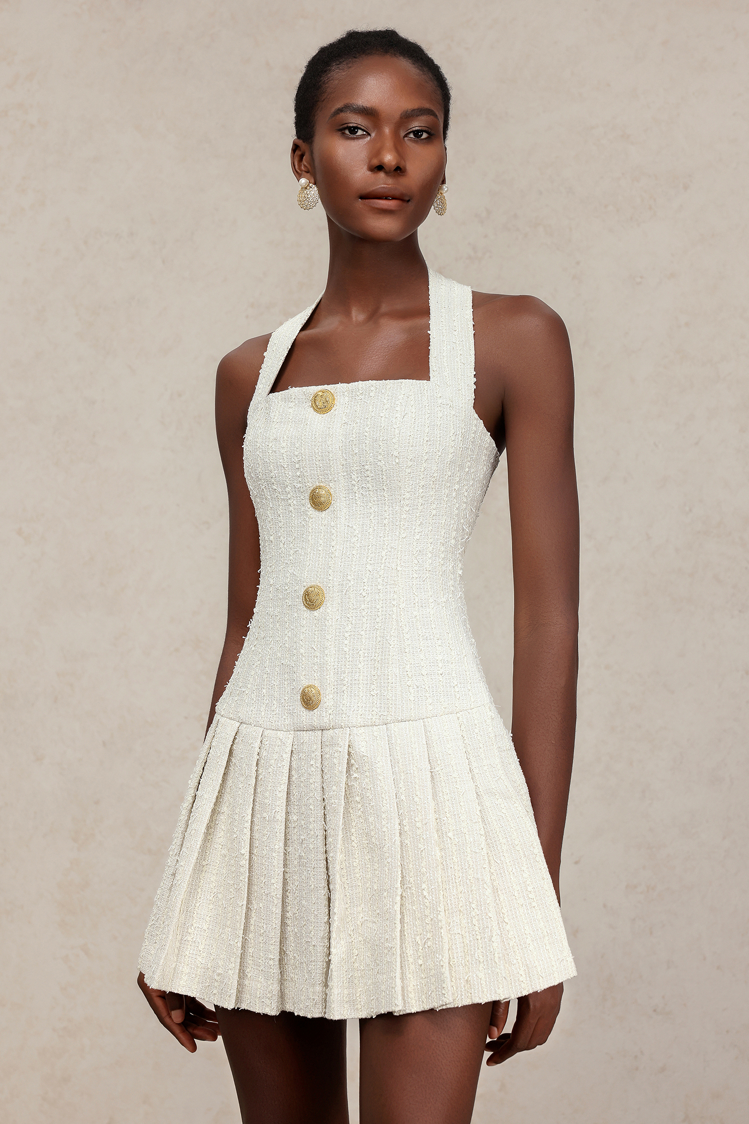 Maka Sleeveless Gold Button Mini Dress