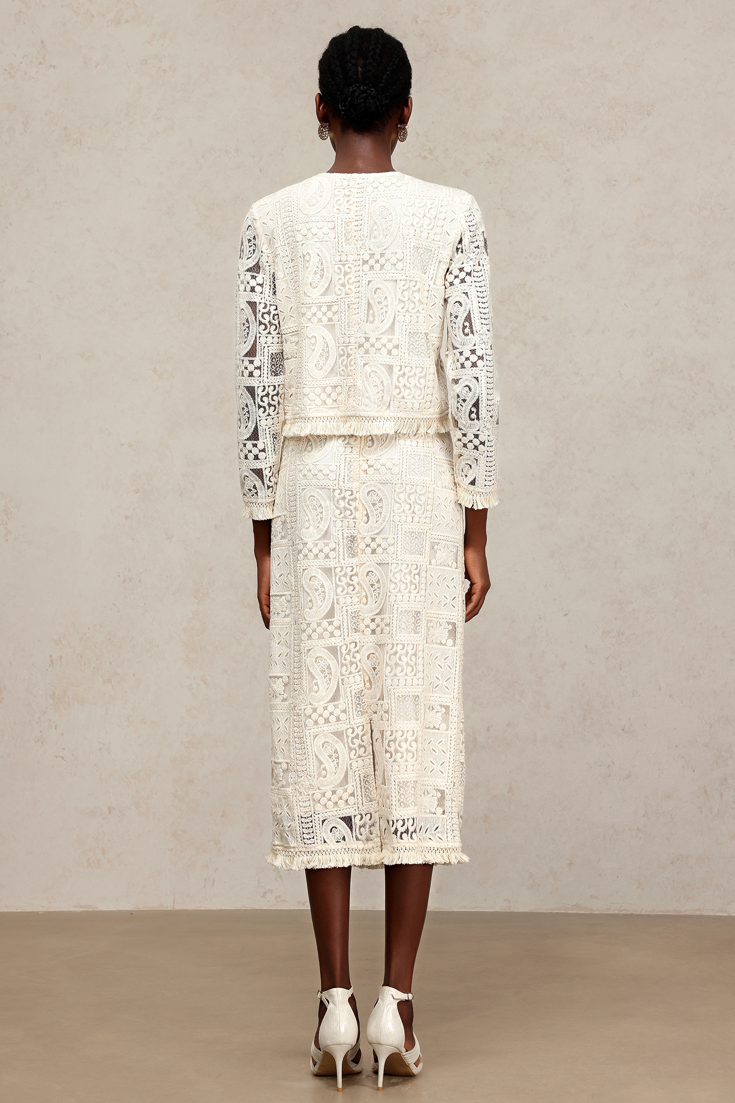 Felia Round Neck Long Sleeves Hollow Out Slit Lace Top And Skirt Two-Piece Set