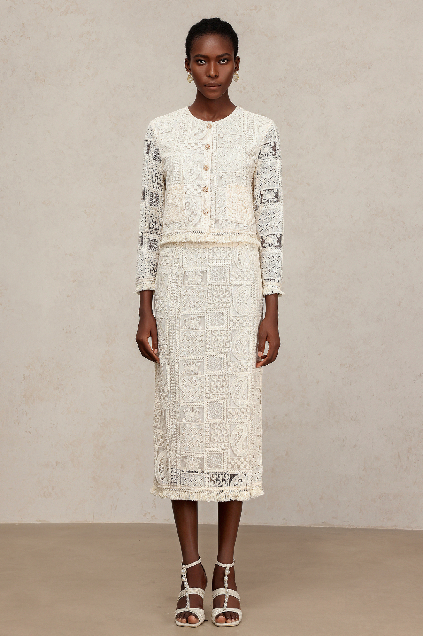 Felia Round Neck Long Sleeves Hollow Out Slit Lace Top And Skirt Two-Piece Set