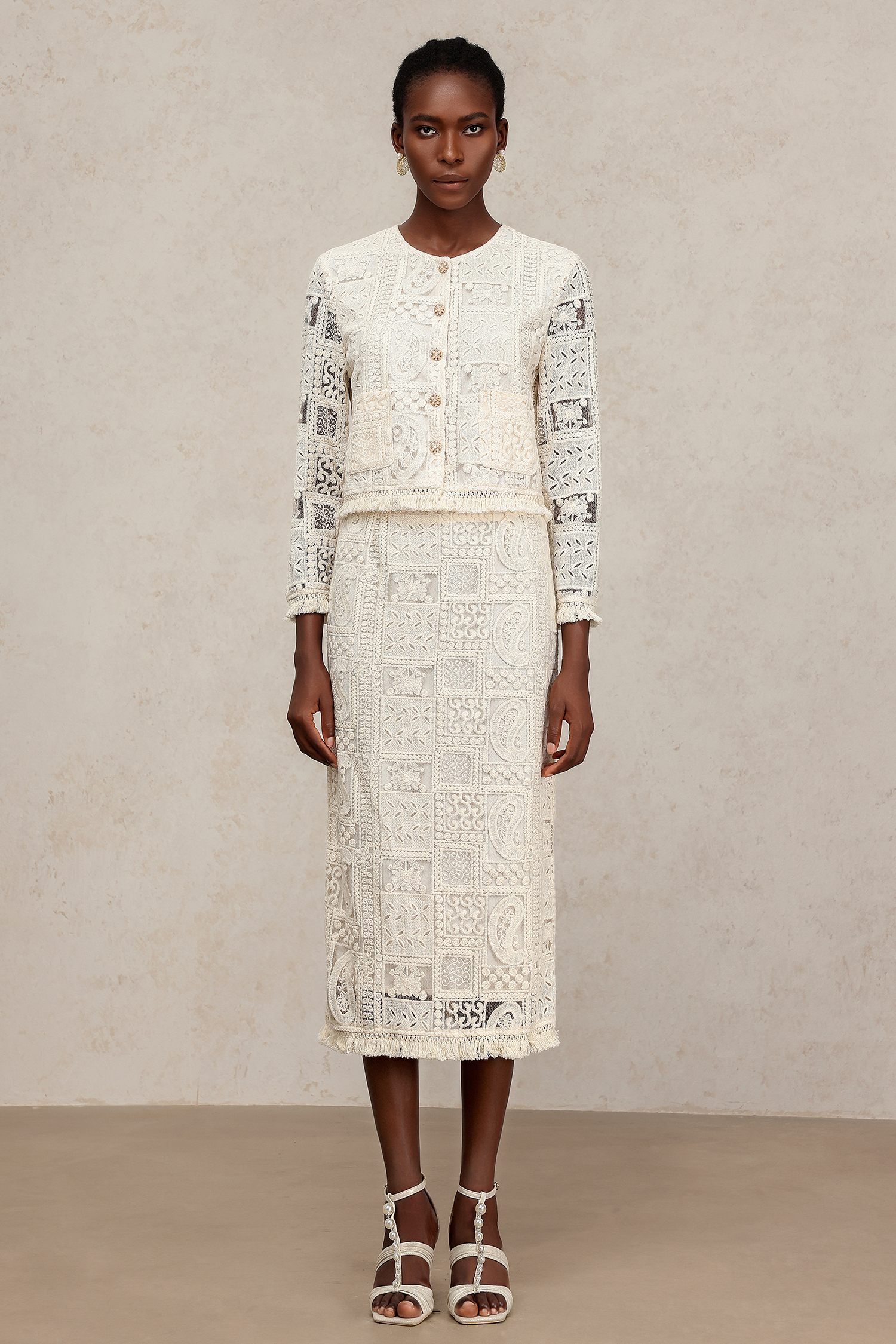 Felia Round Neck Long Sleeves Hollow Out Slit Lace Top And Skirt Two-Piece Set