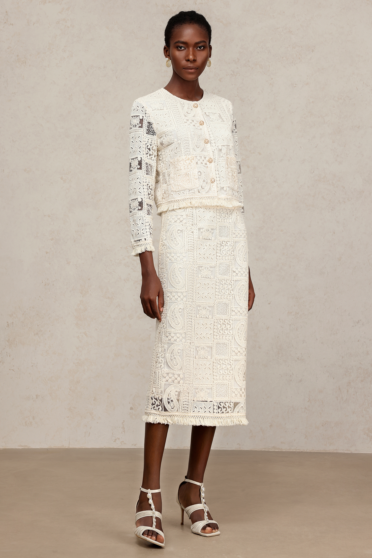 Felia Round Neck Long Sleeves Hollow Out Slit Lace Top And Skirt Two-Piece Set