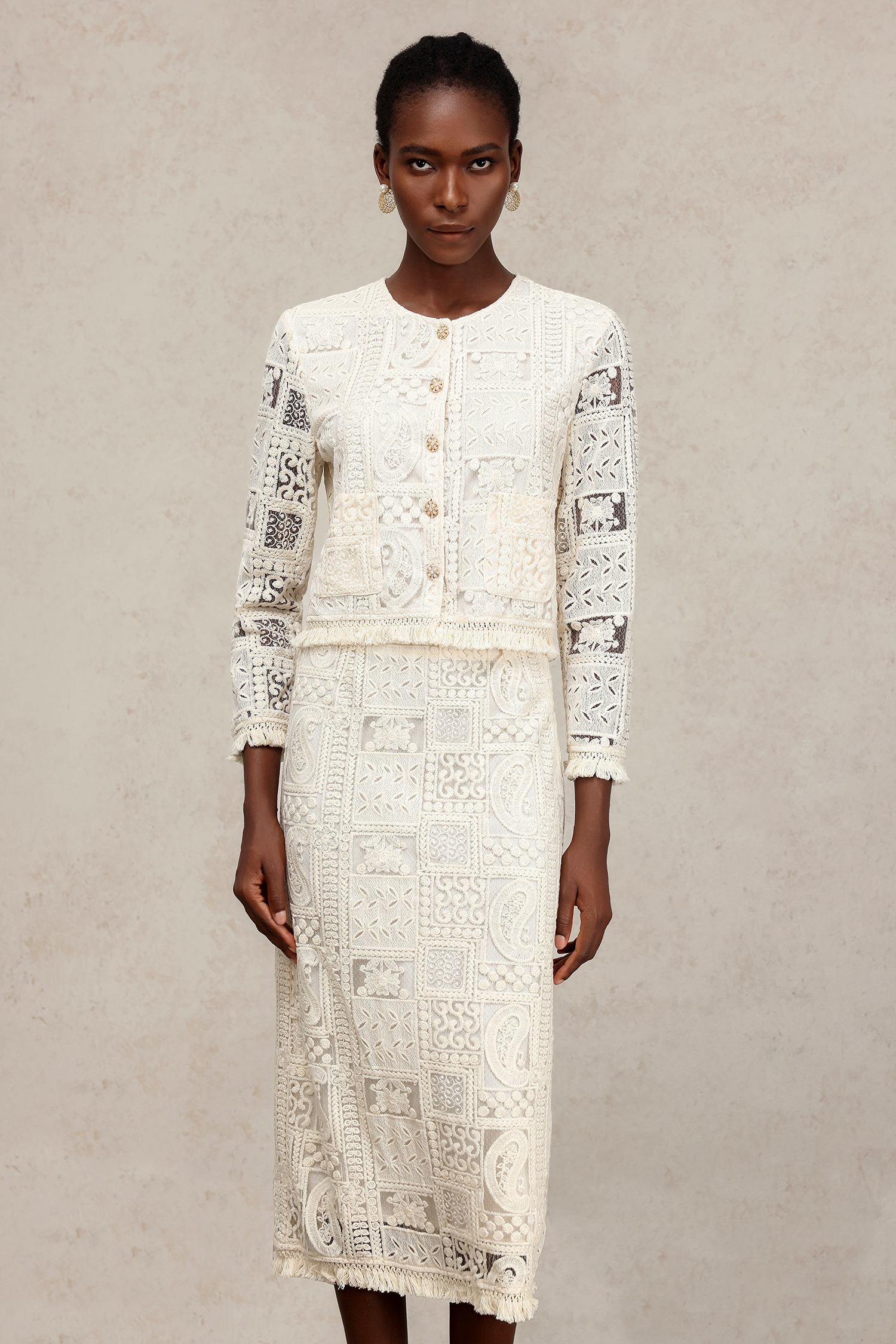 Felia Round Neck Long Sleeves Hollow Out Slit Lace Top And Skirt Two-Piece Set