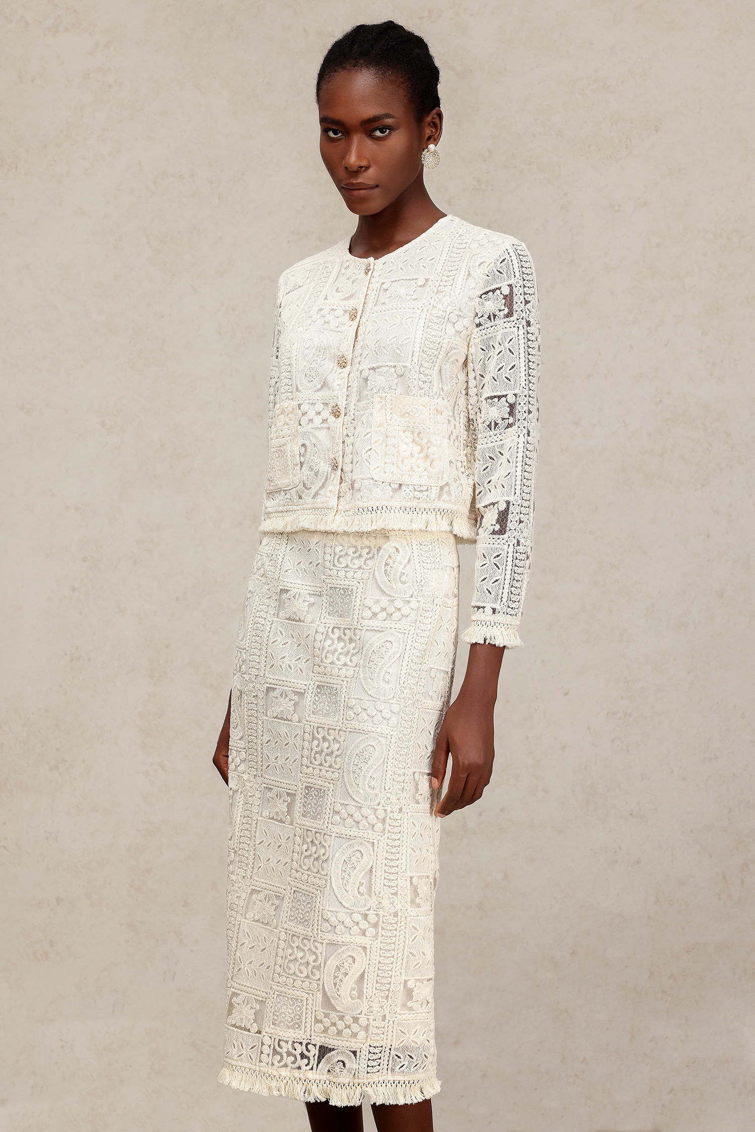 Felia Round Neck Long Sleeves Hollow Out Slit Lace Top And Skirt Two-Piece Set