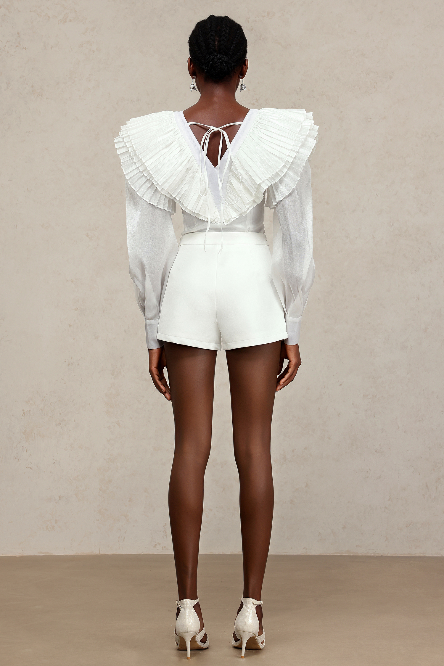 Wenrey V-Neck Long Sleeves Diamond Folds Top And Shorts Two-Piece Set