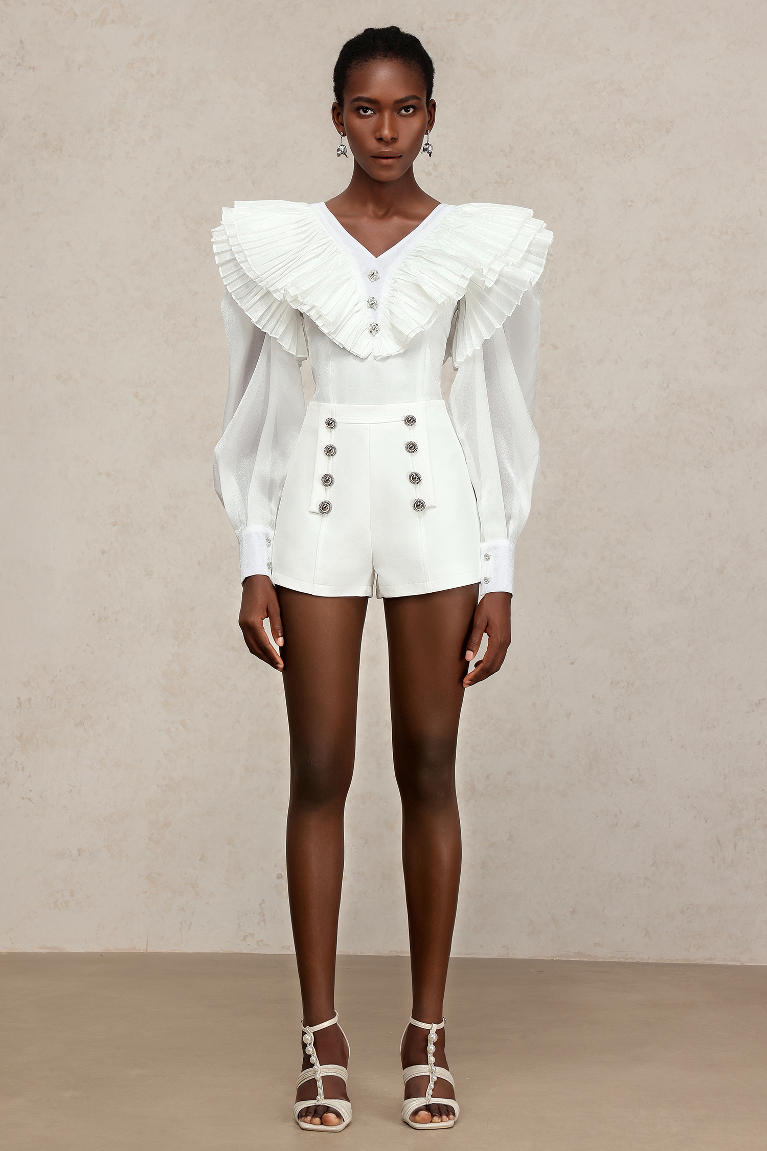 Wenrey V-Neck Long Sleeves Diamond Folds Top And Shorts Two-Piece Set