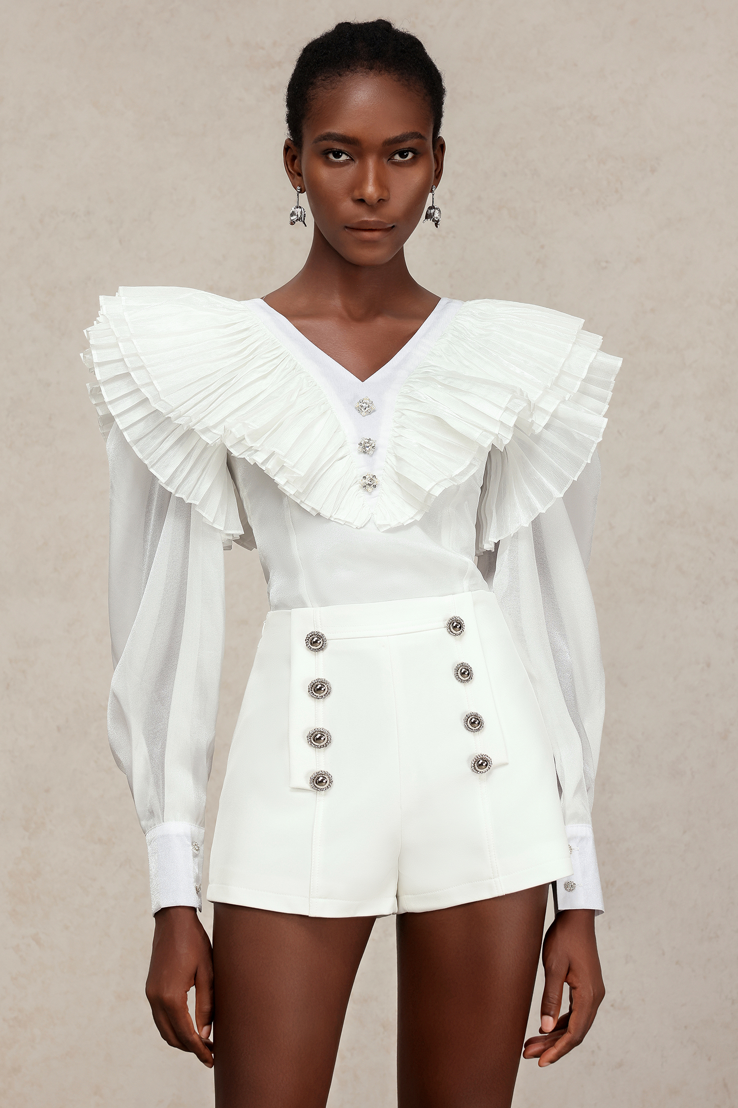 Wenrey V-Neck Long Sleeves Diamond Folds Top And Shorts Two-Piece Set