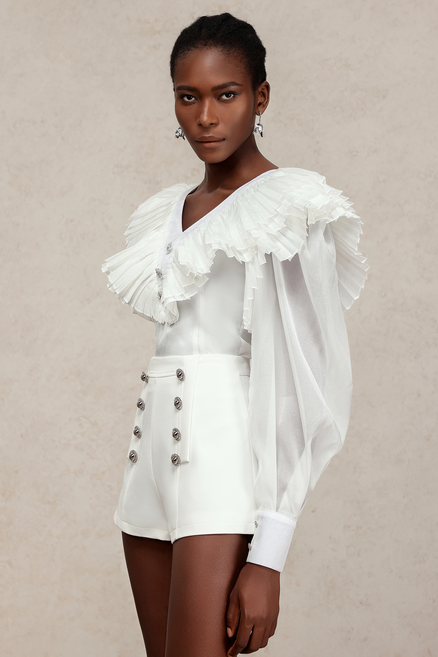 Wenrey V-Neck Long Sleeves Diamond Folds Top And Shorts Two-Piece Set