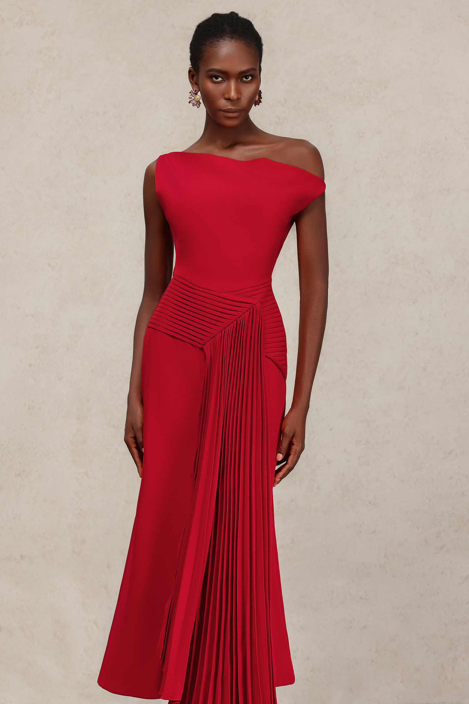 Jillian Oblique Shoulder Sleeveless Folds Midi Dress