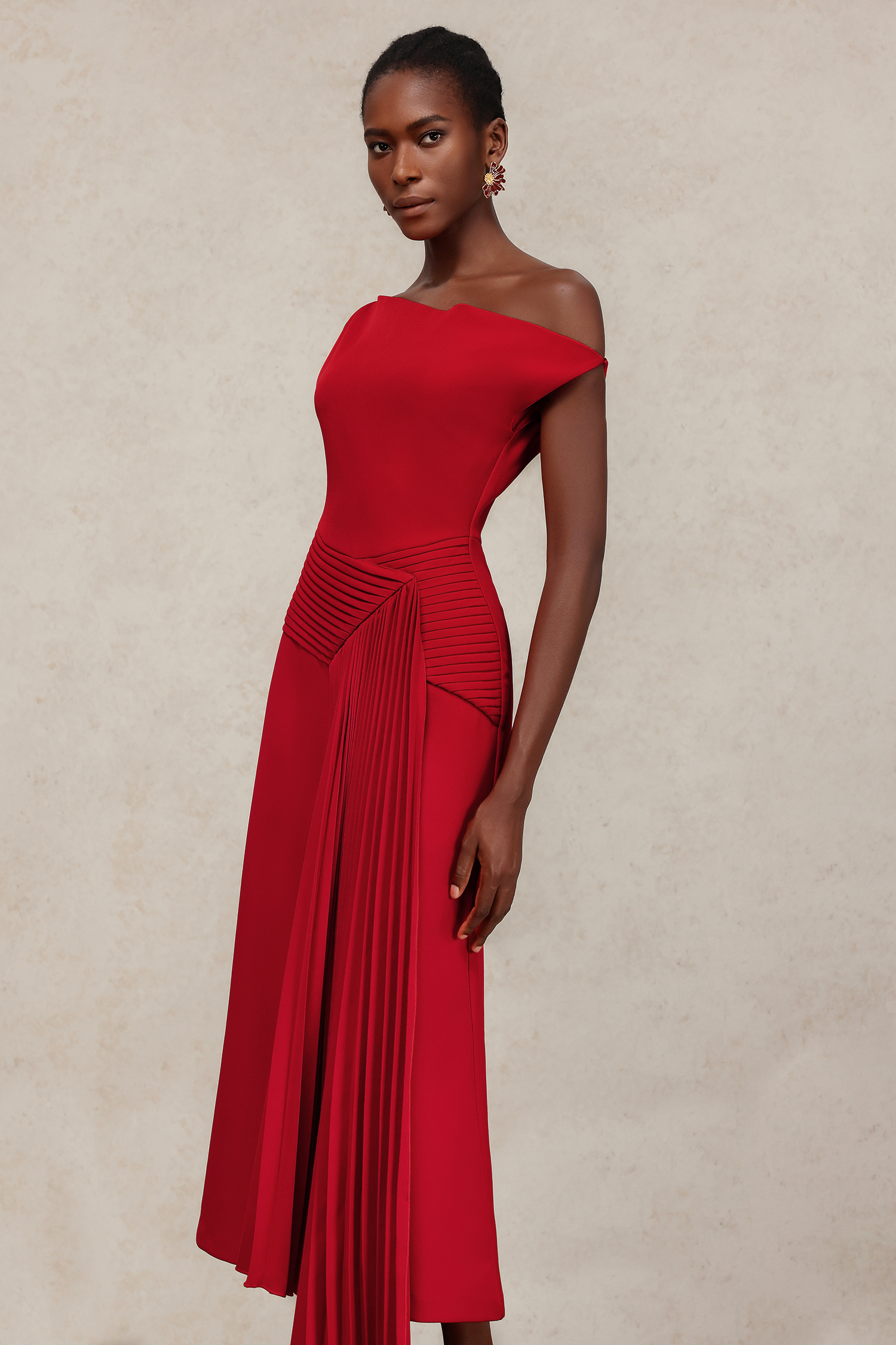 Jillian Oblique Shoulder Sleeveless Folds Midi Dress