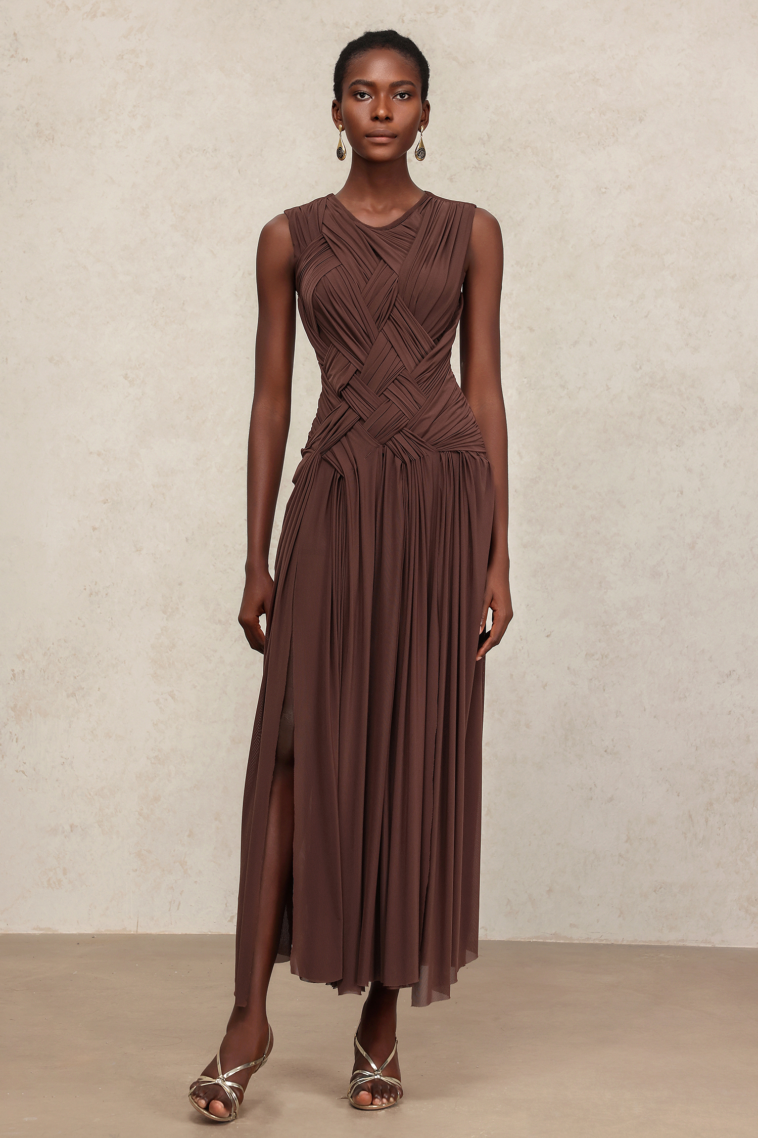 Vafa Round Neck Sleeveless Slit Maxi Dress