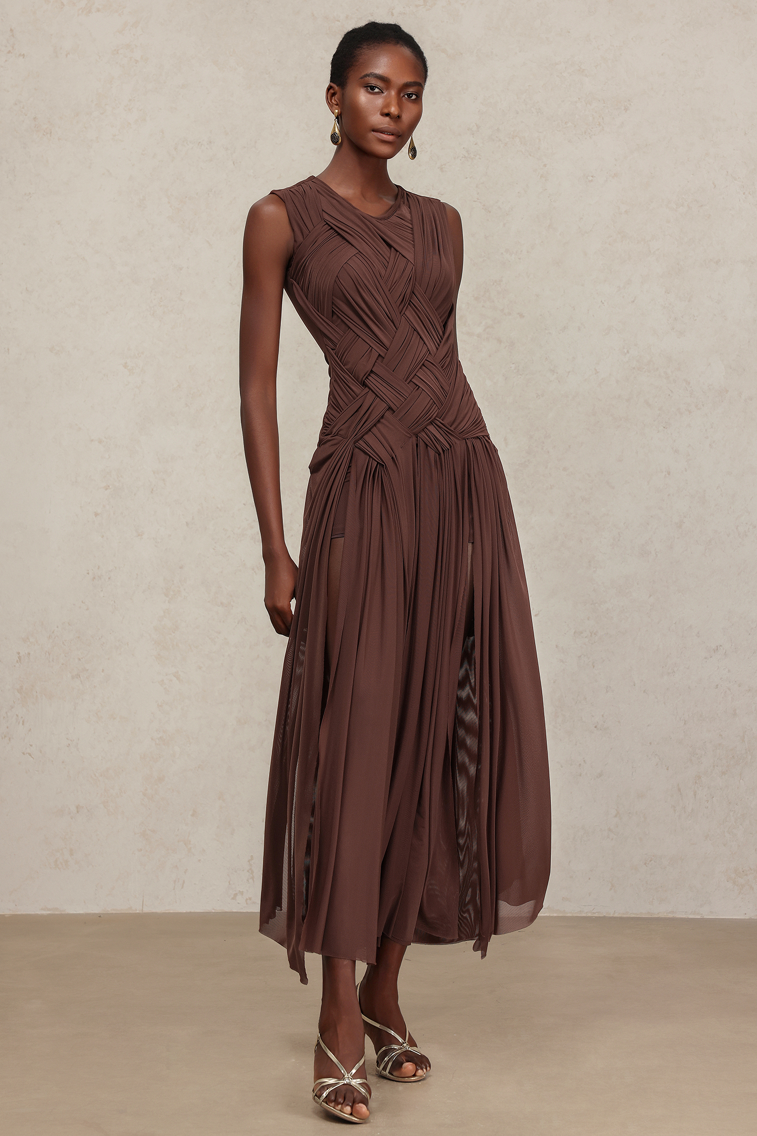 Vafa Round Neck Sleeveless Slit Maxi Dress
