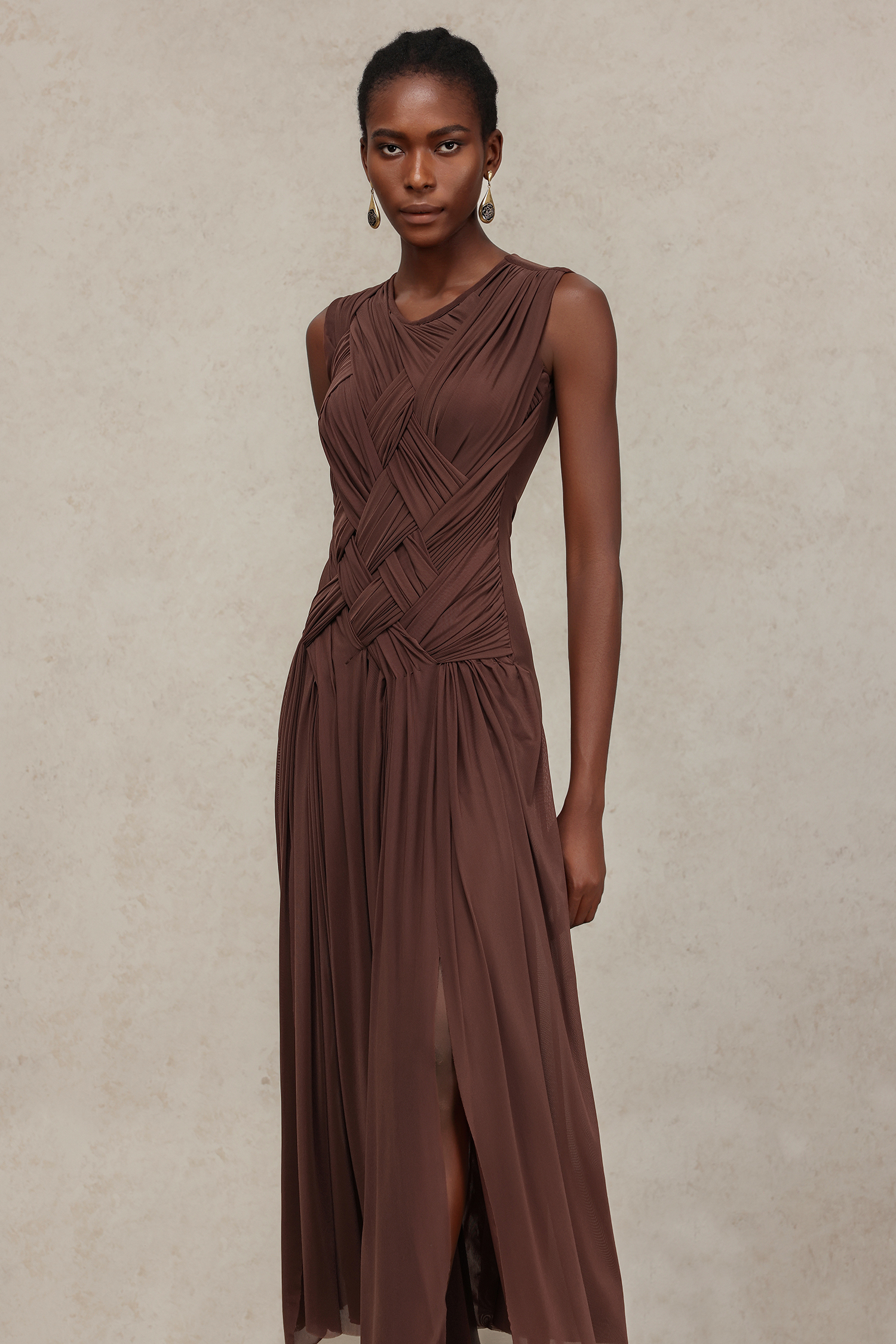 Vafa Round Neck Sleeveless Slit Maxi Dress