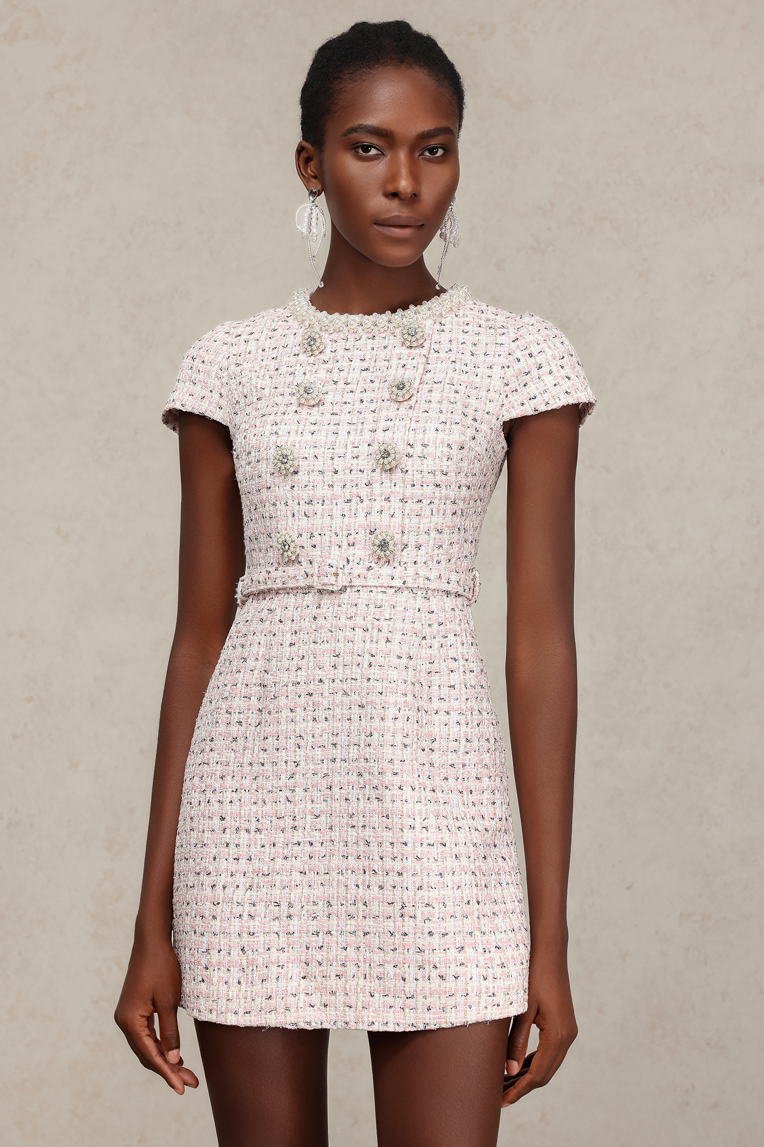 Elosie Short Sleeves Pearl Diamond Mini Dress