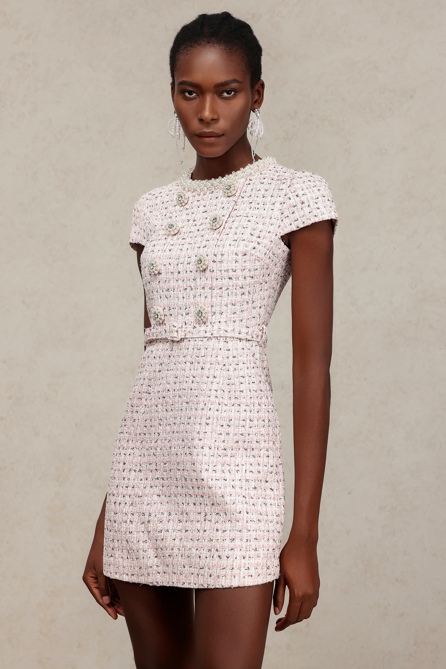 Elosie Short Sleeves Pearl Diamond Mini Dress