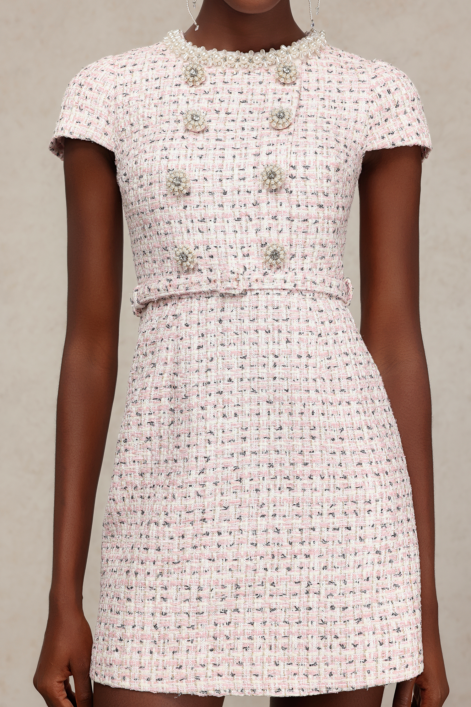 Elosie Short Sleeves Pearl Diamond Mini Dress