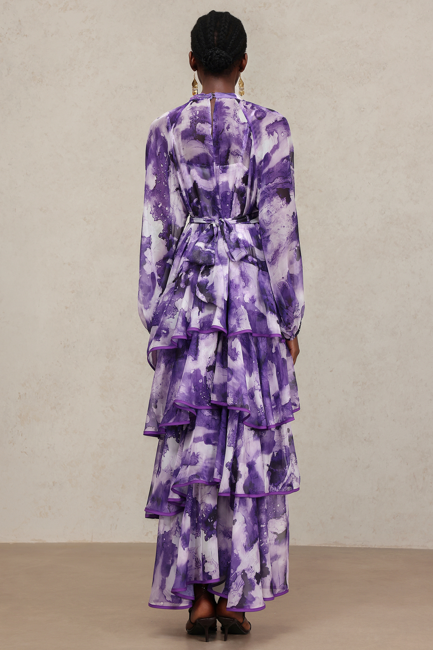 Jolie Round Neck Long Sleeves Floral Printed Folds Maxi Dress