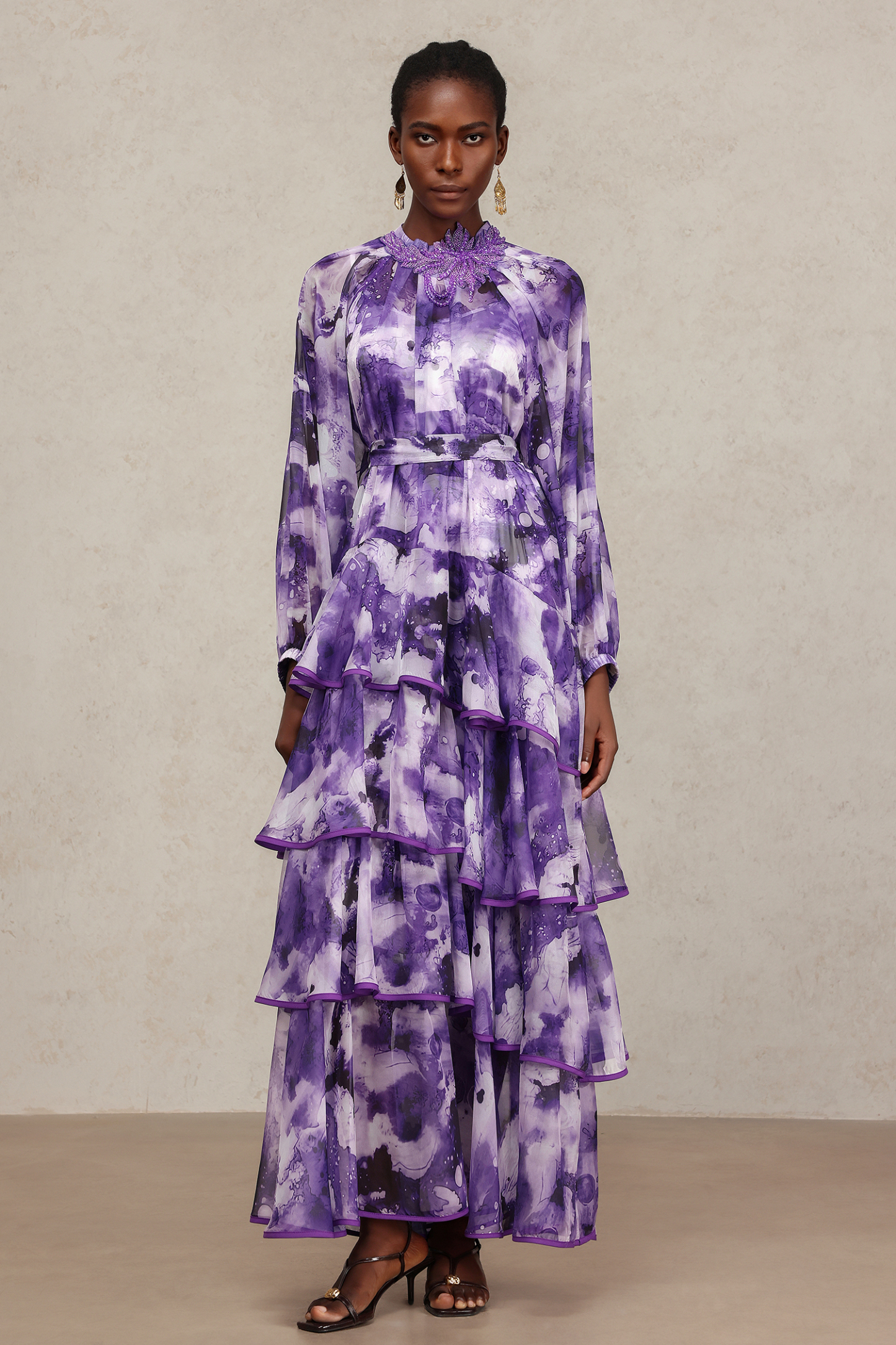 Jolie Round Neck Long Sleeves Floral Printed Folds Maxi Dress