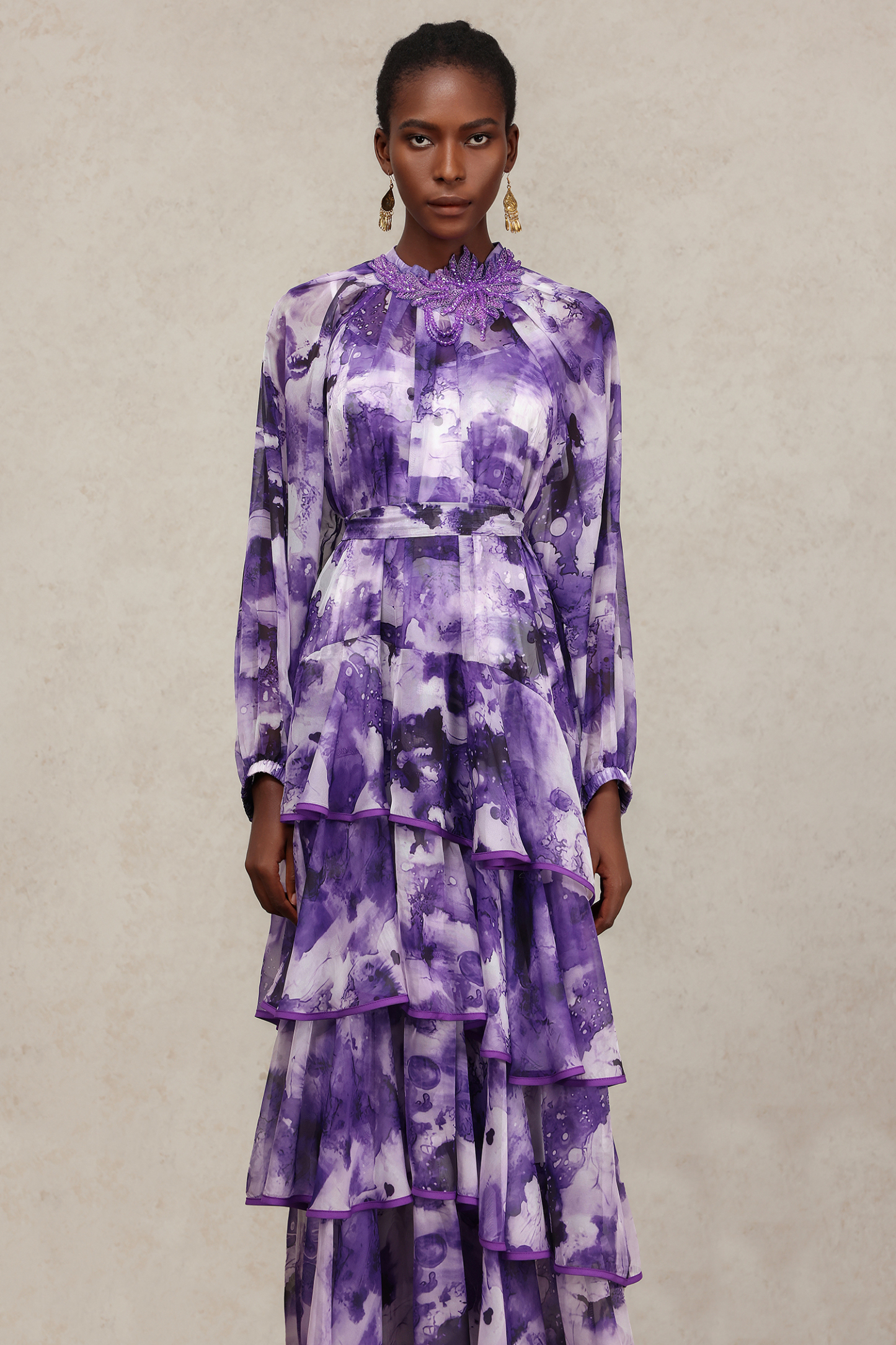 Jolie Round Neck Long Sleeves Floral Printed Folds Maxi Dress