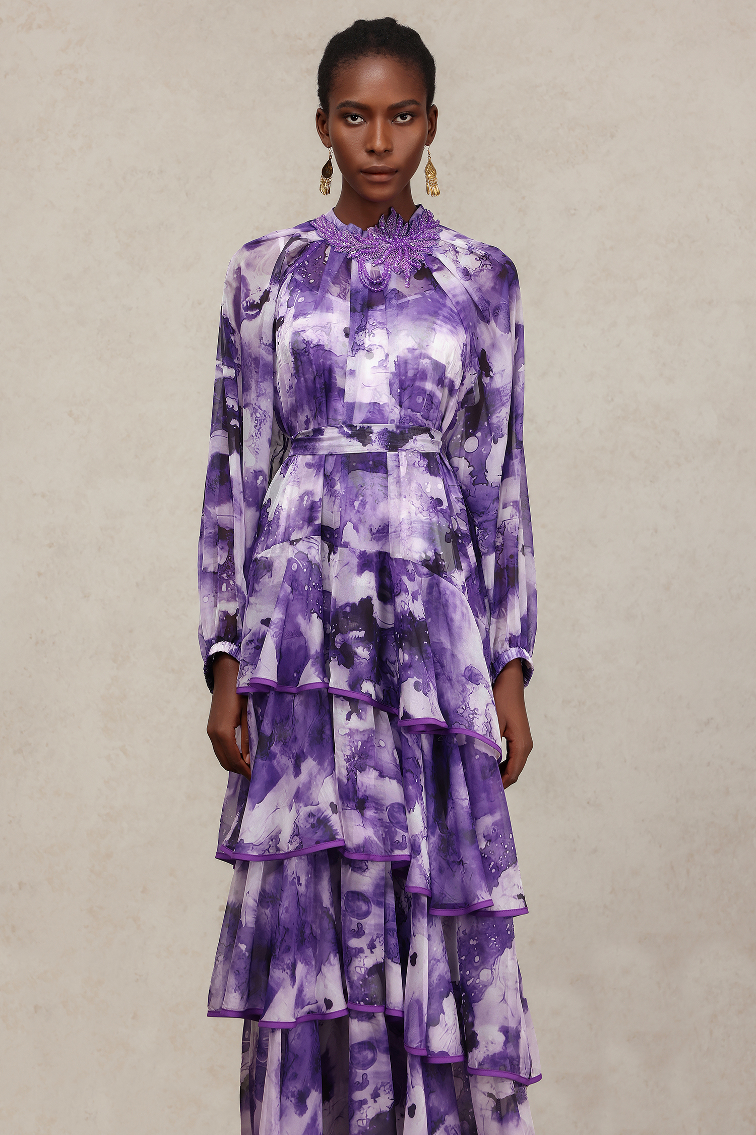 Jolie Round Neck Long Sleeves Floral Printed Folds Maxi Dress