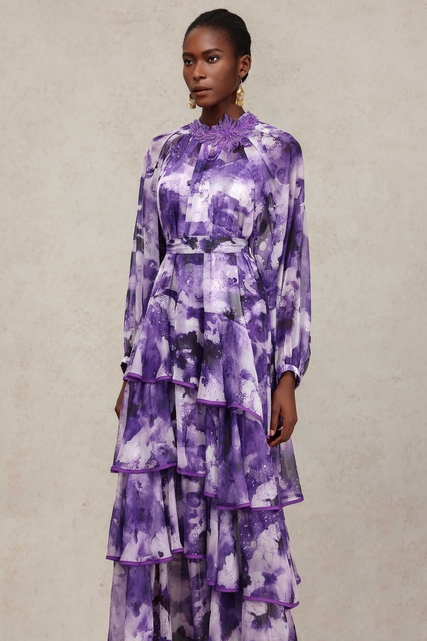 Jolie Round Neck Long Sleeves Floral Printed Folds Maxi Dress