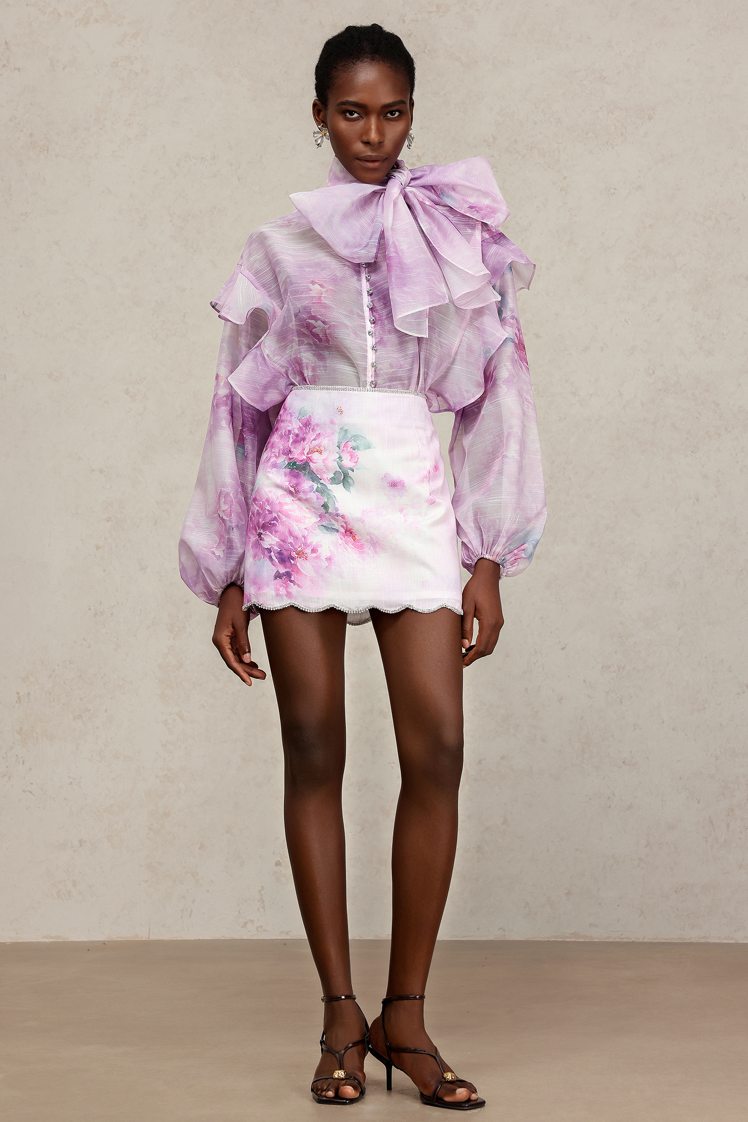 Fakula Long Sleeves Folds Bowknot Top And Skirt Two-Piece Set