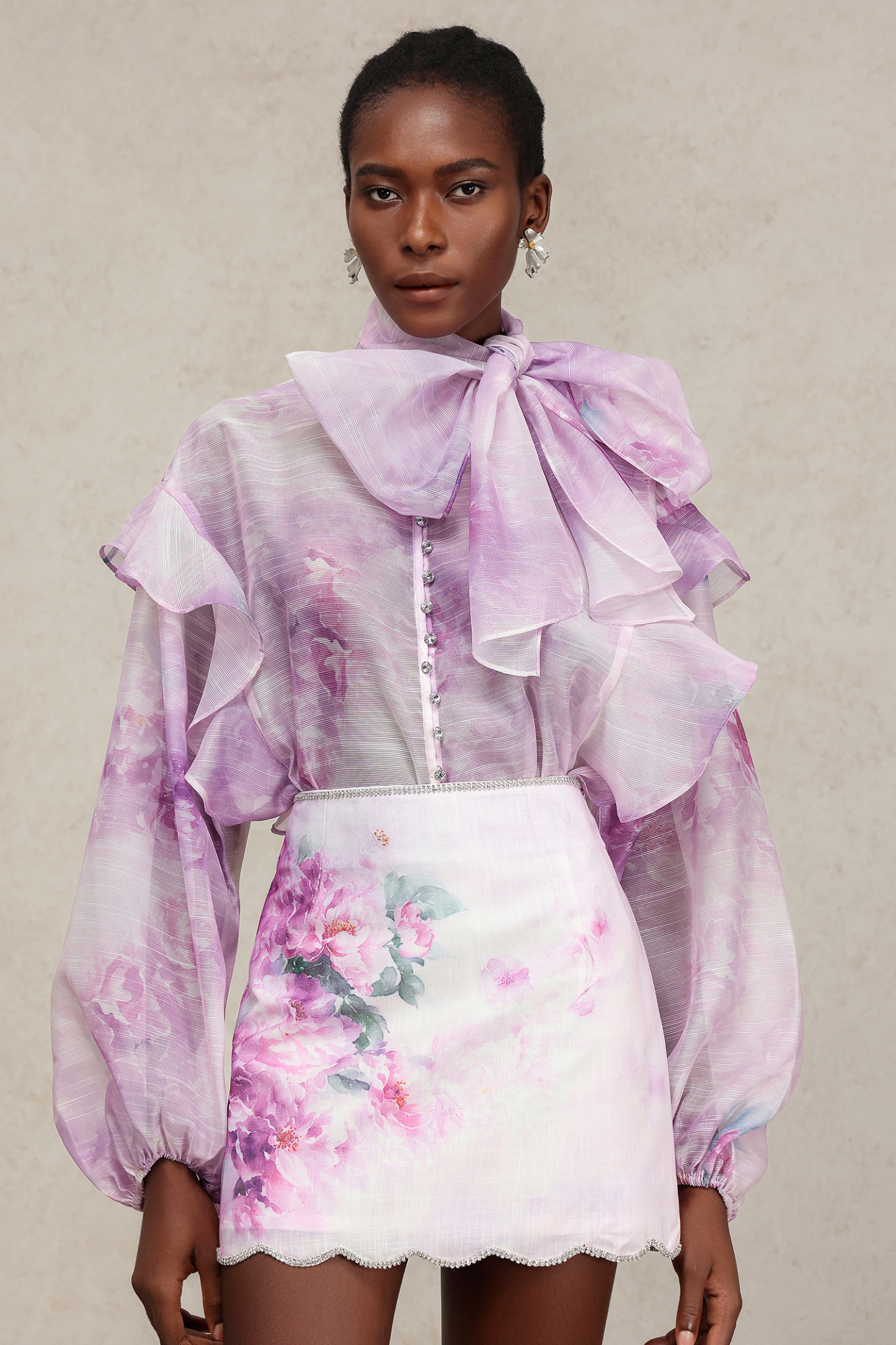 Fakula Long Sleeves Folds Bowknot Top And Skirt Two-Piece Set