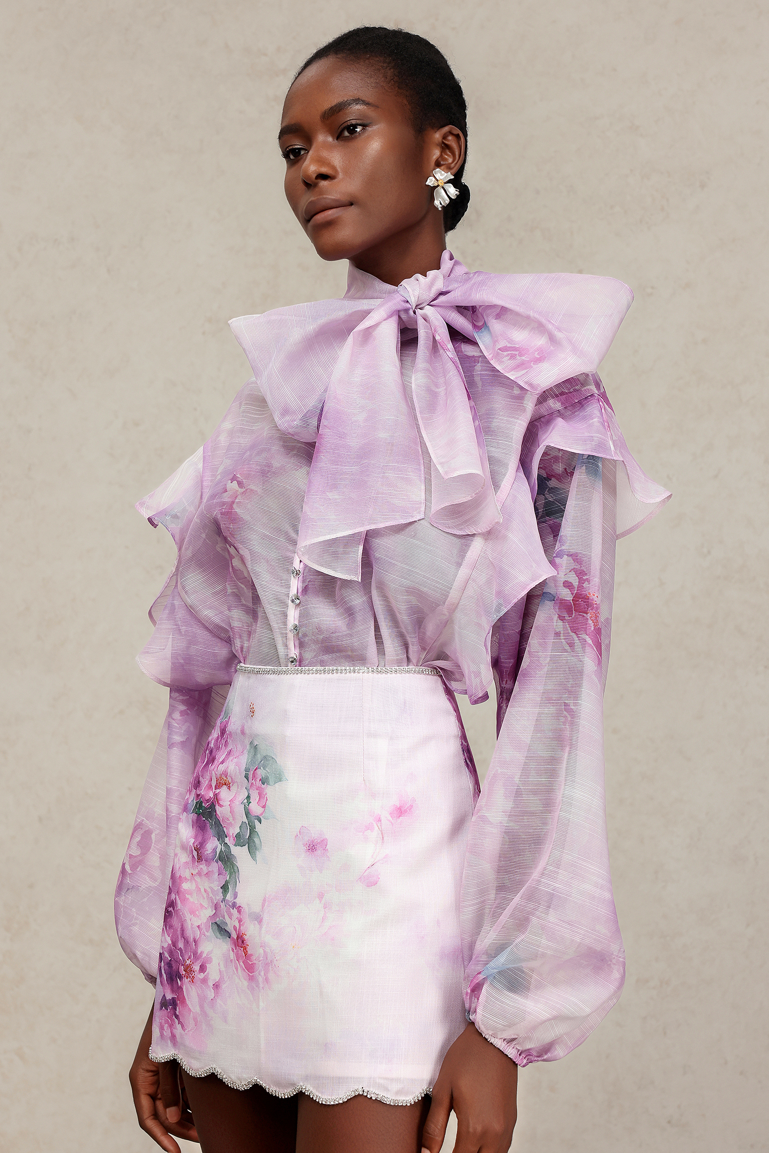 Fakula Long Sleeves Folds Bowknot Top And Skirt Two-Piece Set