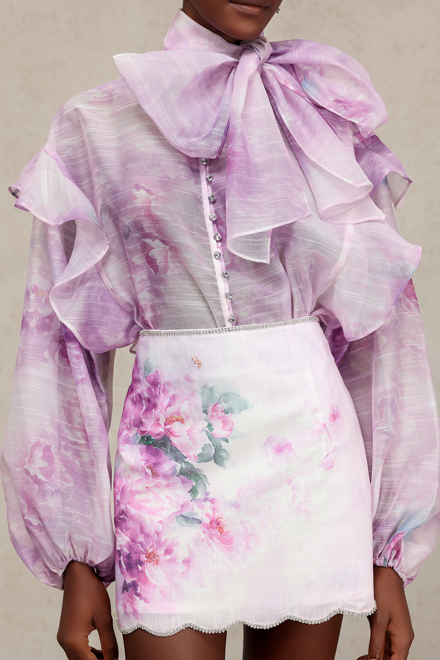 Fakula Long Sleeves Folds Bowknot Top And Skirt Two-Piece Set
