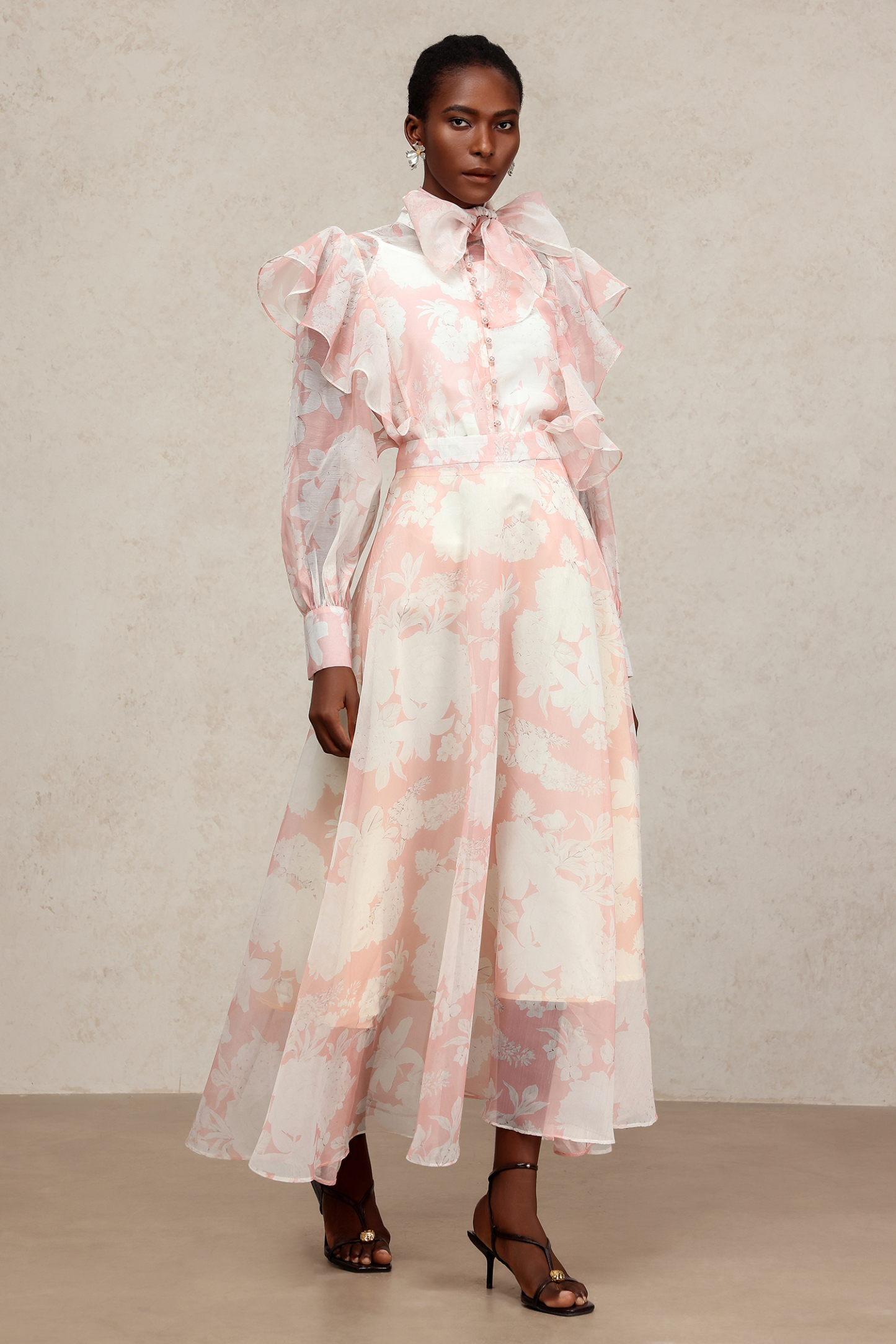 Soraya Long Sleeves Floral Printed Folds Top And Skirt Two-Piece Set