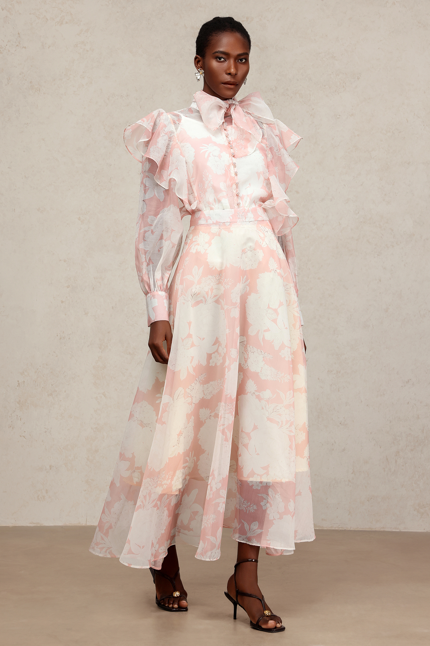 Soraya Long Sleeves Floral Printed Folds Top And Skirt Two-Piece Set