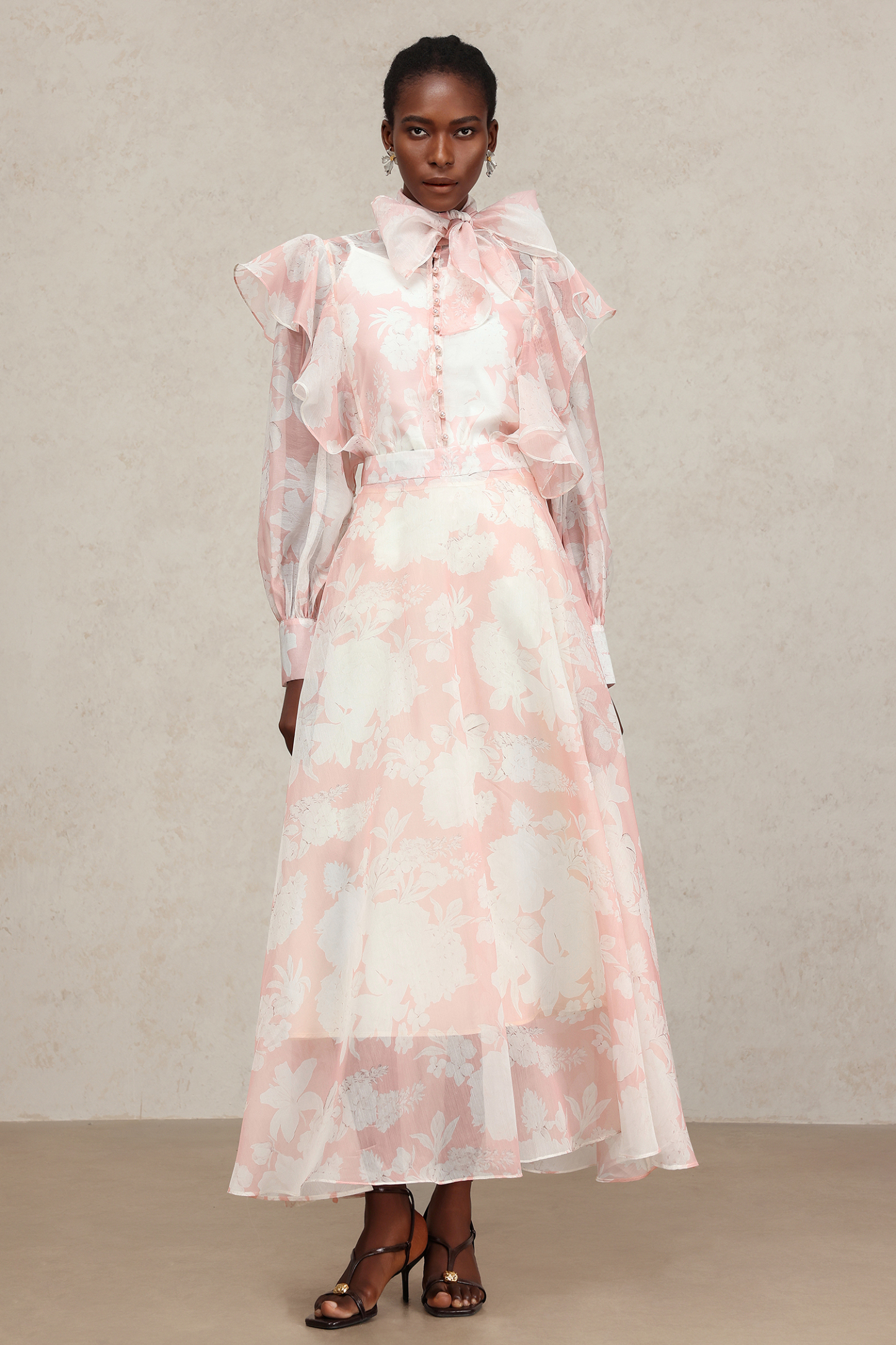 Soraya Long Sleeves Floral Printed Folds Top And Skirt Two-Piece Set