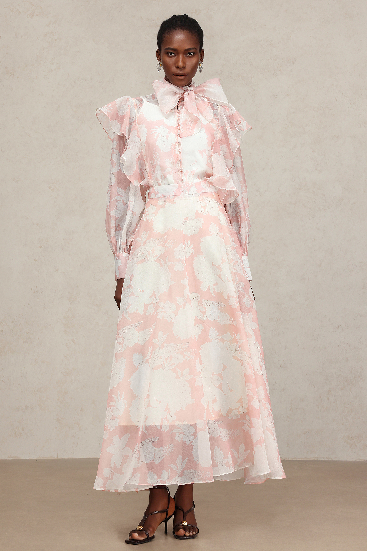 Soraya Long Sleeves Floral Printed Folds Top And Skirt Two-Piece Set