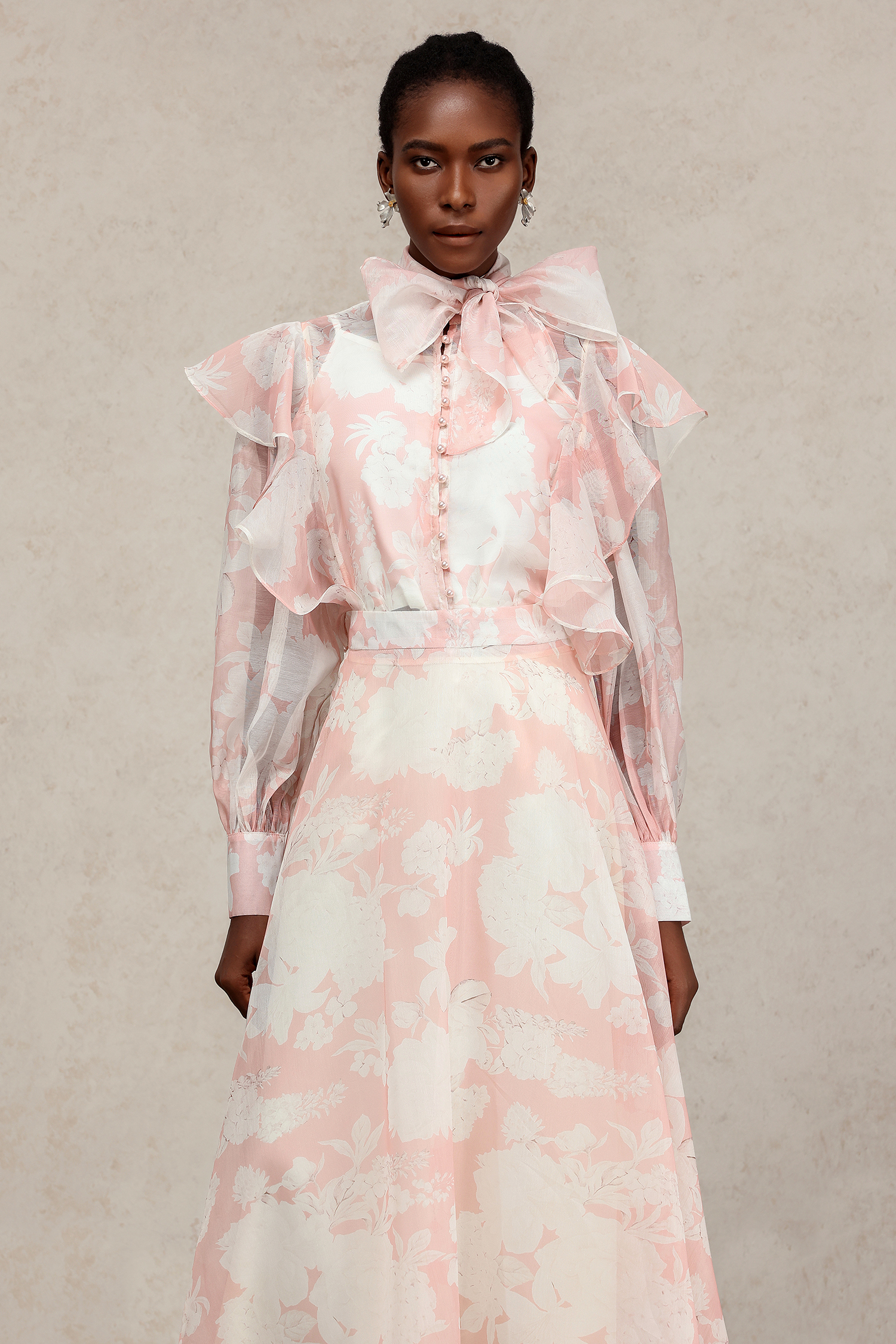 Soraya Long Sleeves Floral Printed Folds Top And Skirt Two-Piece Set